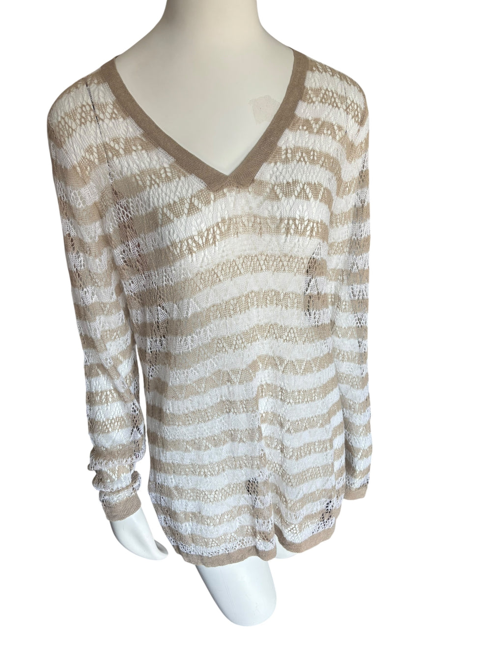 Beige and White V-Neck Delicate Knit Top Size XL