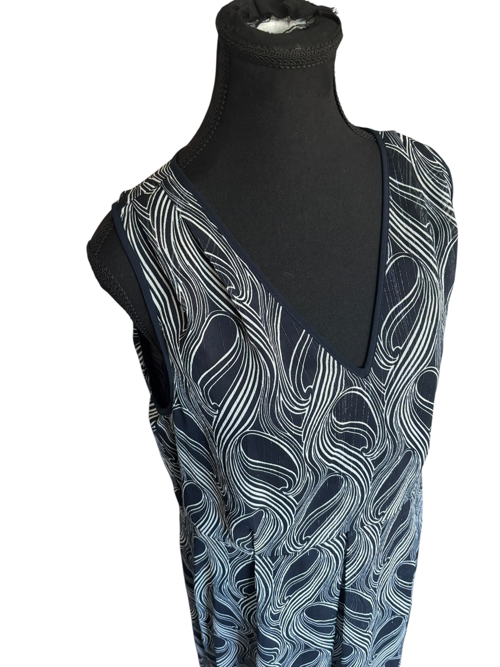 Navy Blue Maxi Dress Sleeveless V Neck Abstract Print Casual Summer Size 12