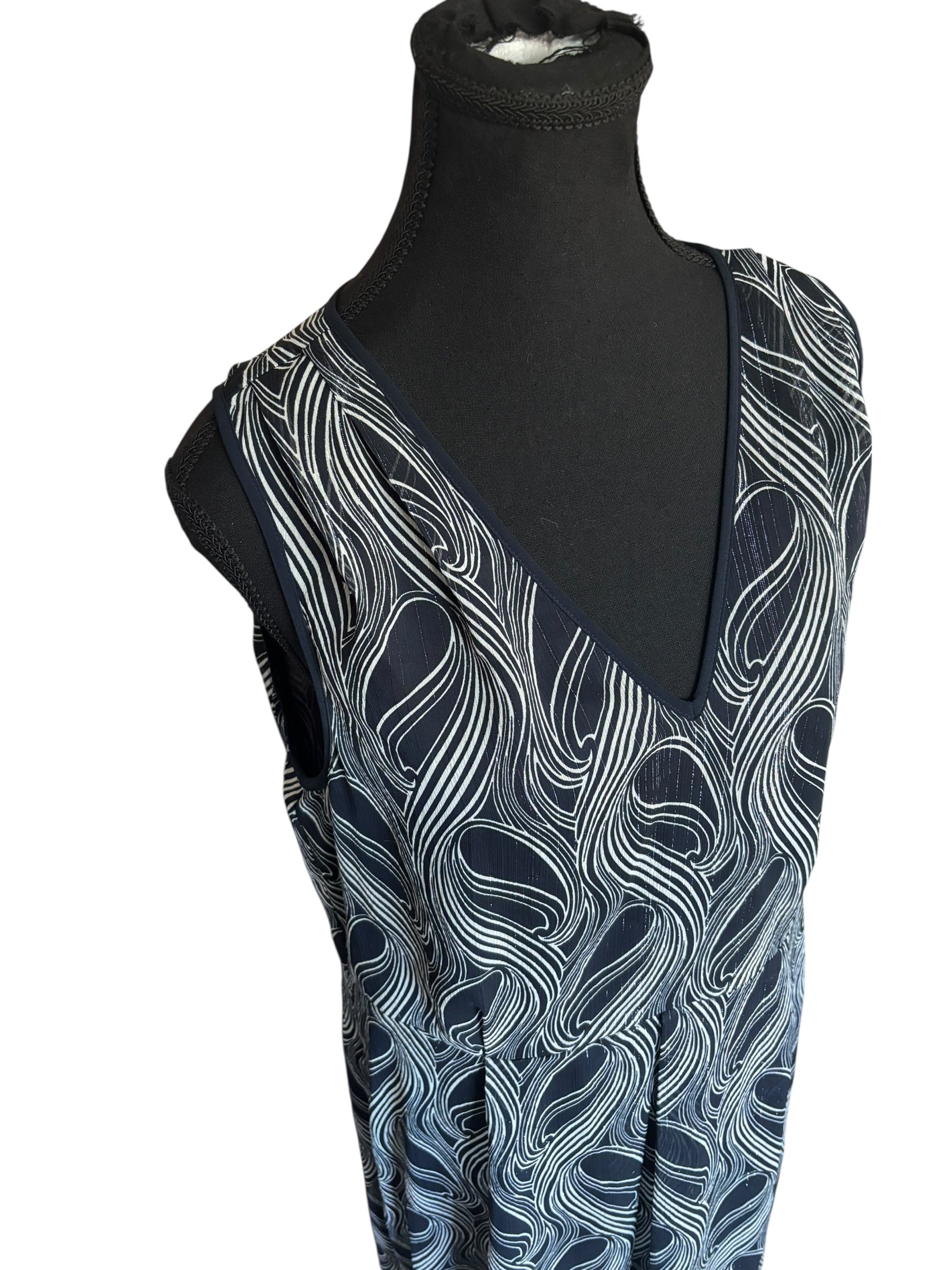 Navy Blue Maxi Dress Sleeveless V Neck Abstract Print Casual Summer Size 12