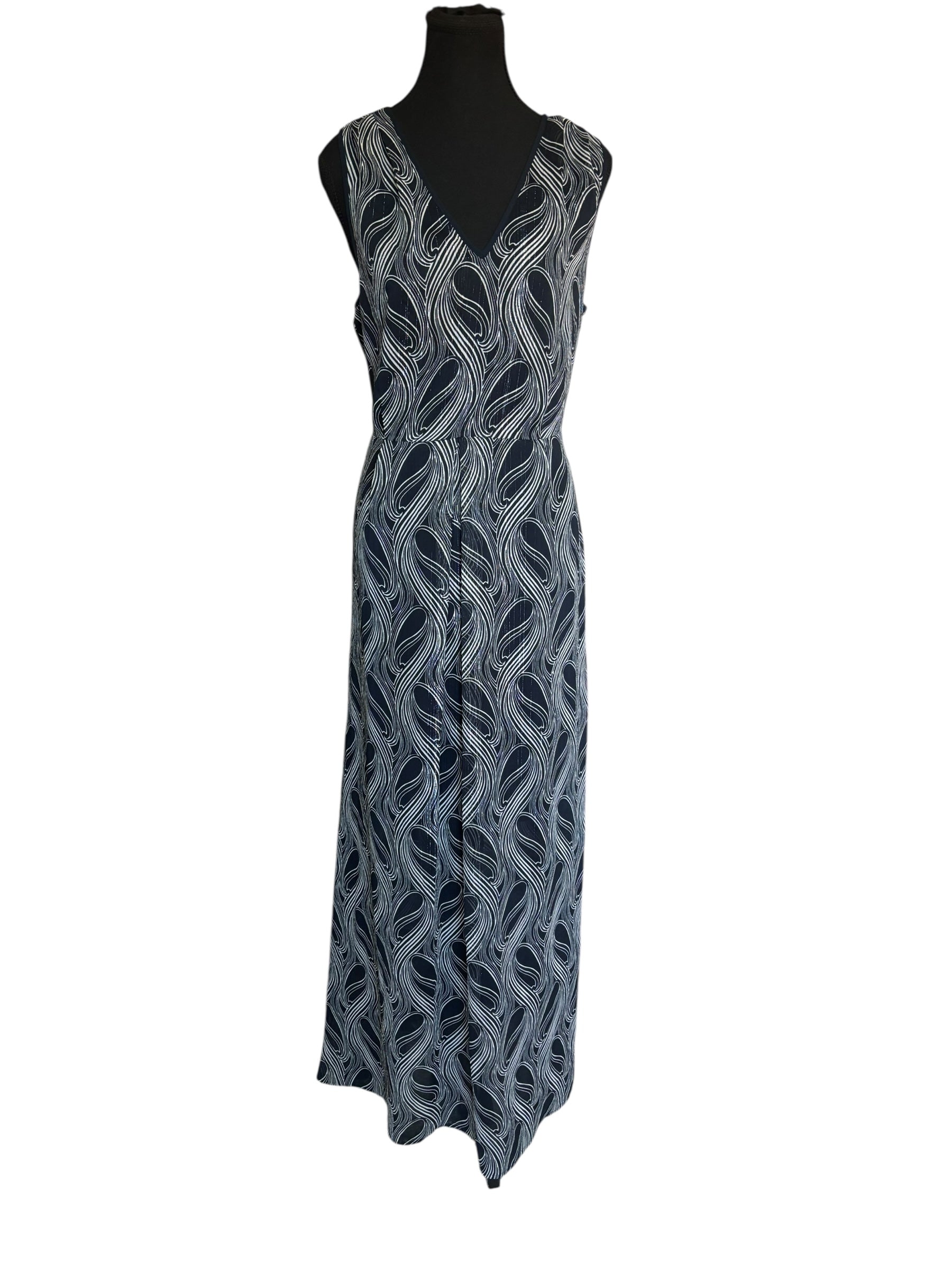Navy Blue Maxi Dress Sleeveless V Neck Abstract Print Casual Summer Size 12