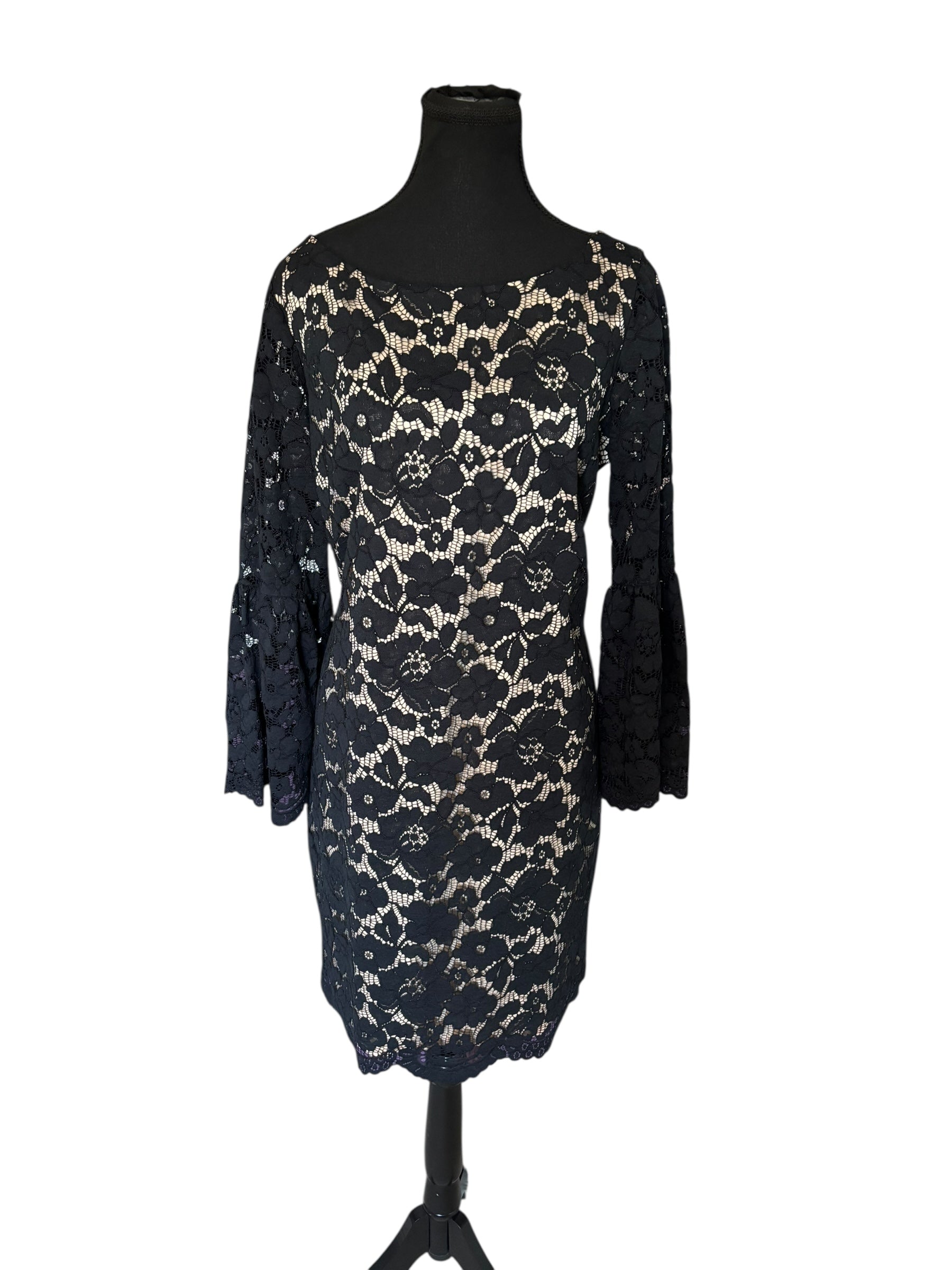 Vince Camuto Black Tan Bell Sleeve Sleeve Cocktail Dress w/ Lace Overlay Size 12