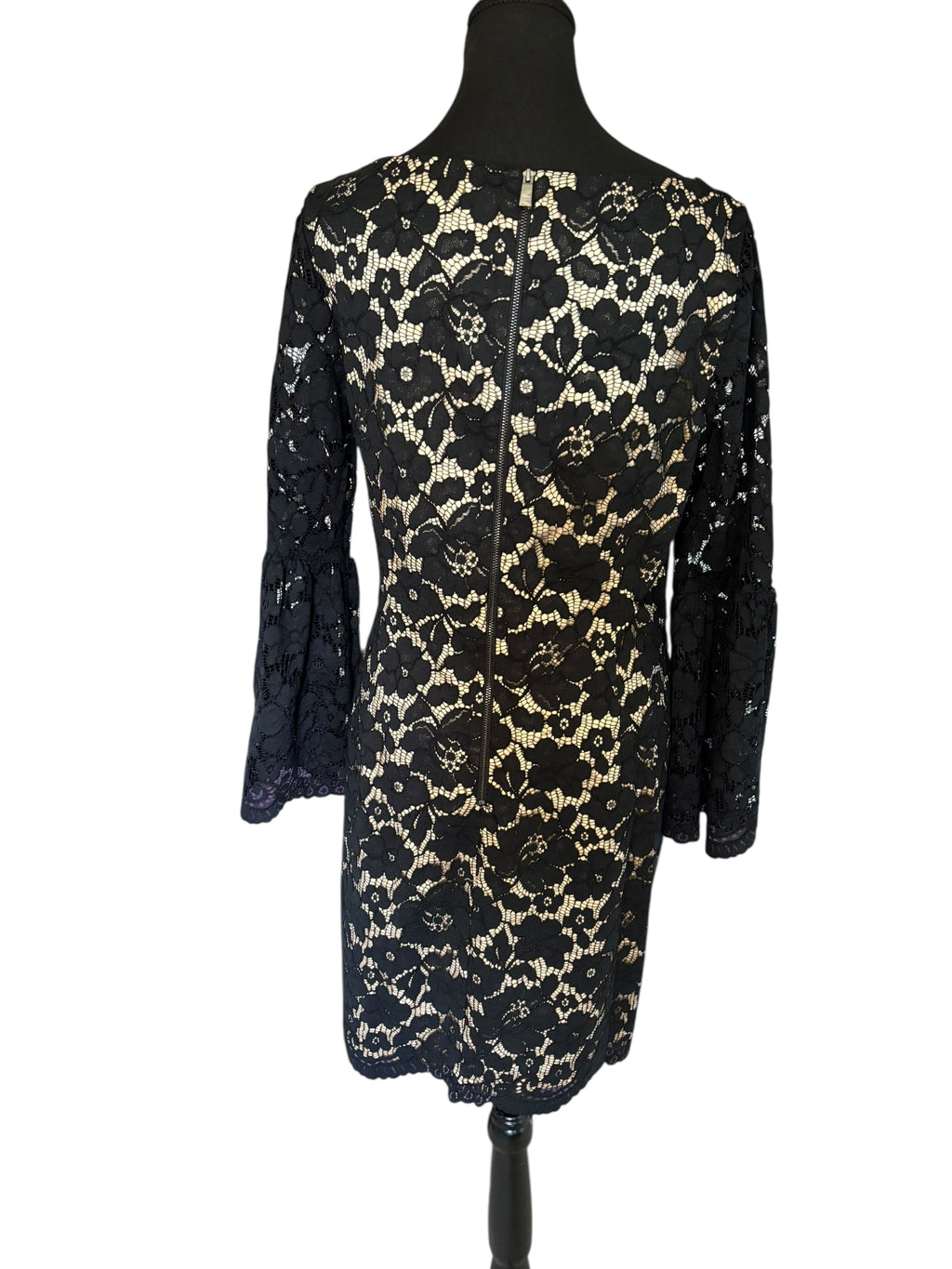 Vince Camuto Black Tan Bell Sleeve Sleeve Cocktail Dress w/ Lace Overlay Size 12