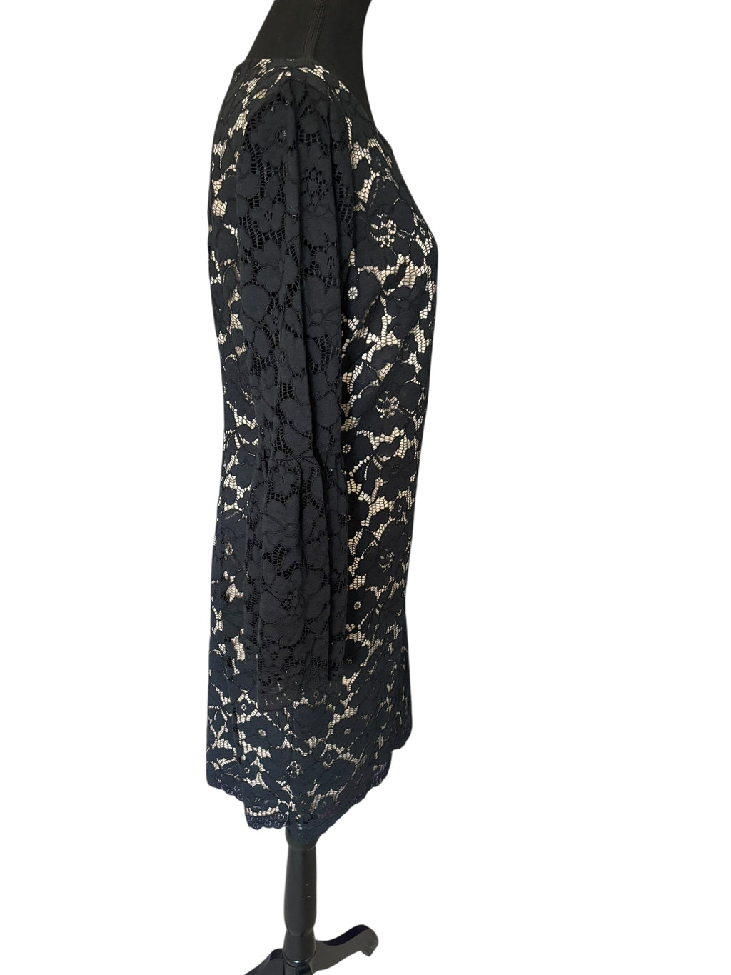 Vince Camuto Black Tan Bell Sleeve Sleeve Cocktail Dress w/ Lace Overlay Size 12