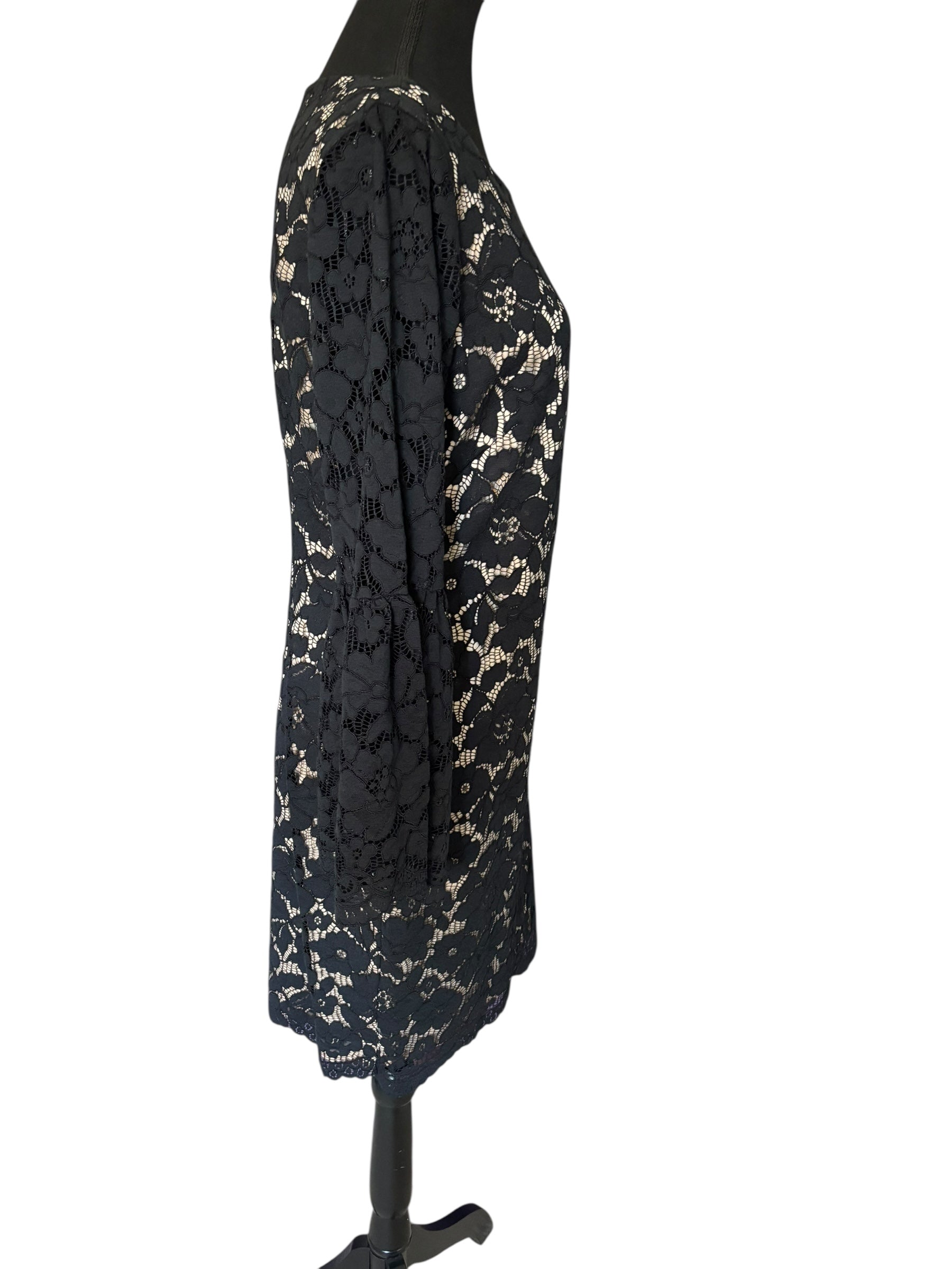 Vince Camuto Black Tan Bell Sleeve Sleeve Cocktail Dress w/ Lace Overlay Size 12