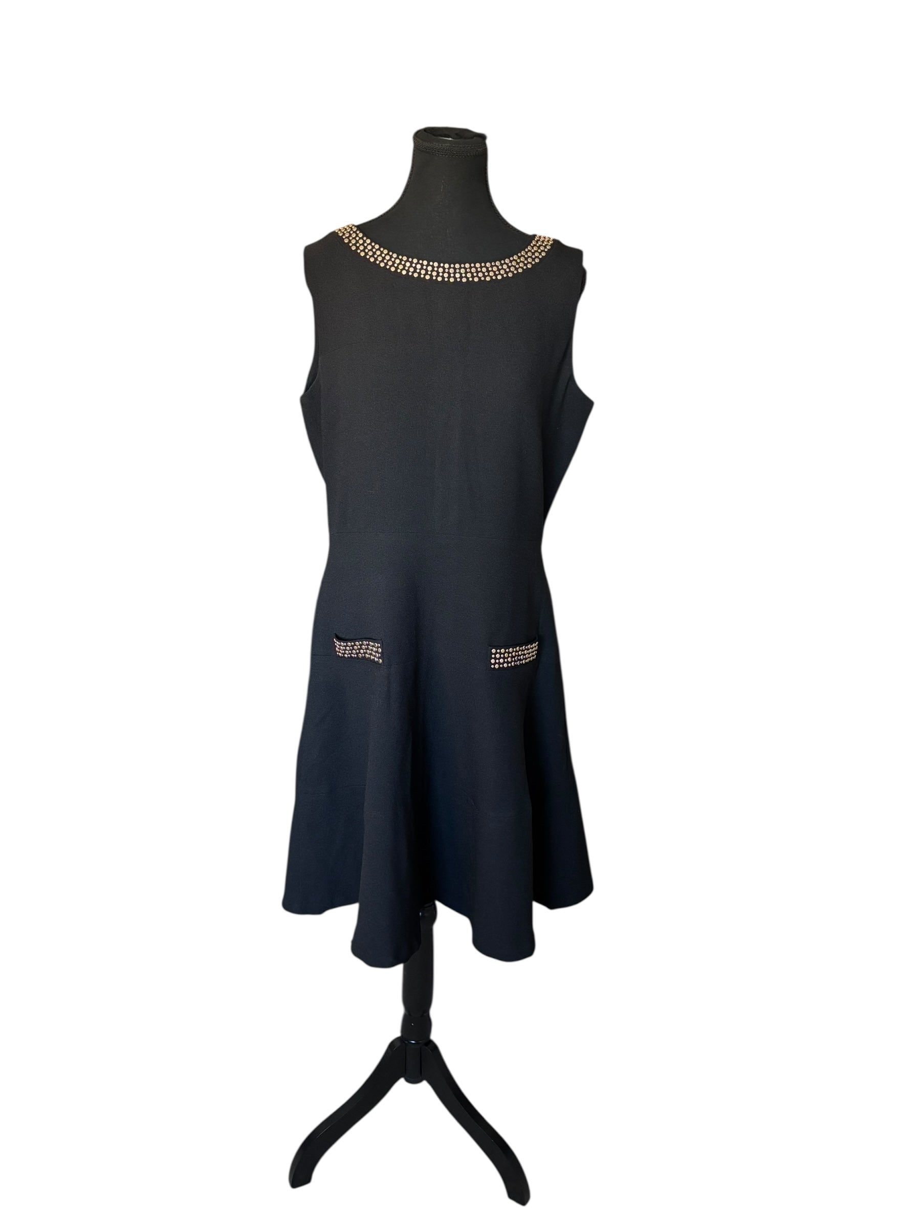 Karl Lagerfeld Black A-Line Cocktail Midi Length Dress w/ Gold Detail Size 12