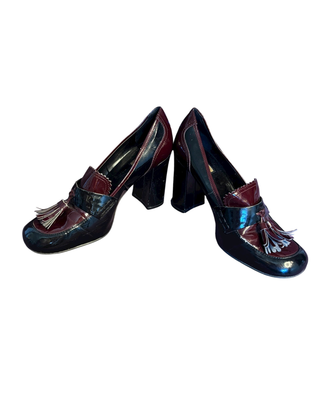 Tahari Women's Heeled Loafers Tassel Patent Leather Maroon Black 3" Heals Size 8