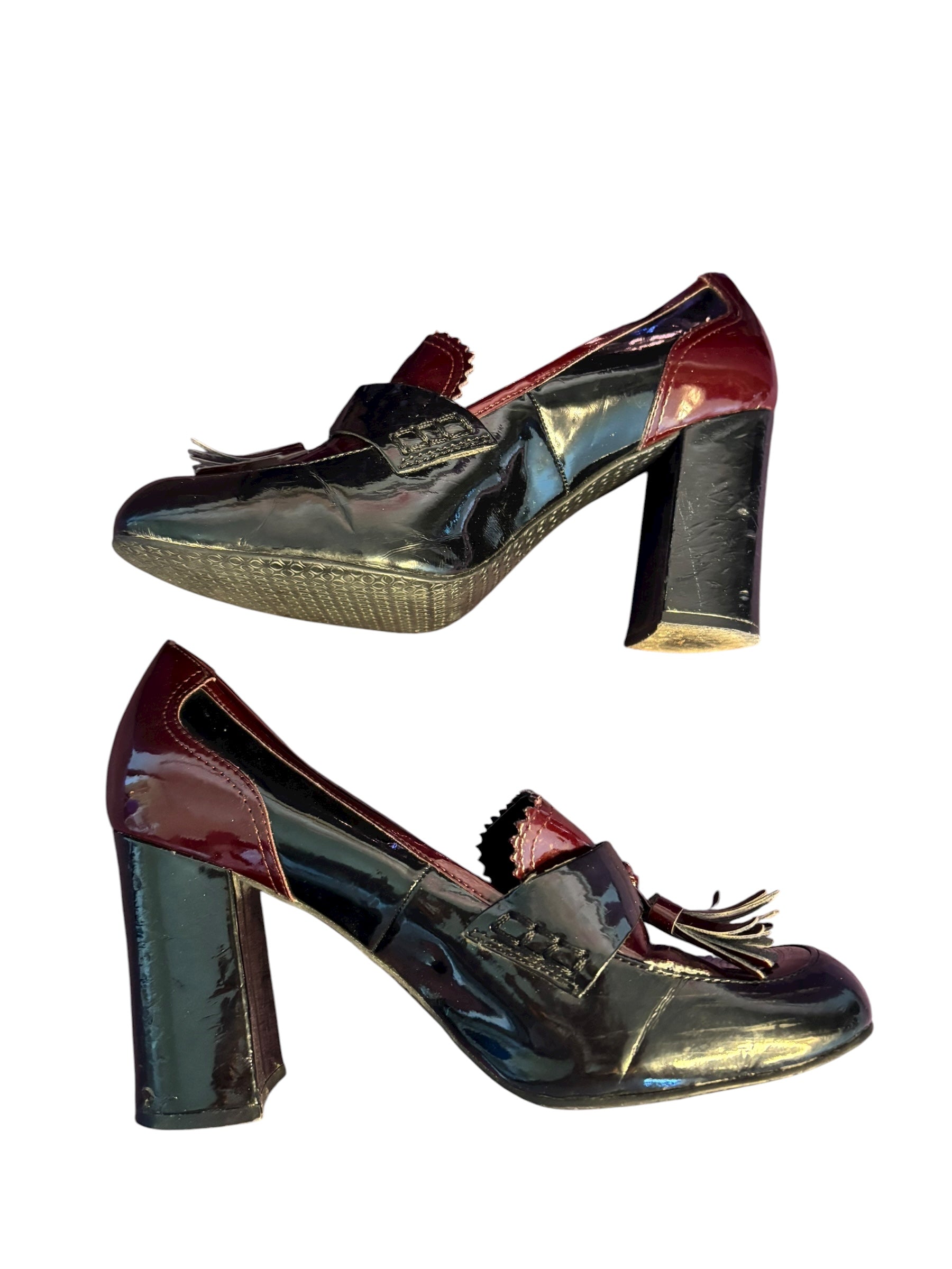 Tahari Women's Heeled Loafers Tassel Patent Leather Maroon Black 3" Heals Size 8