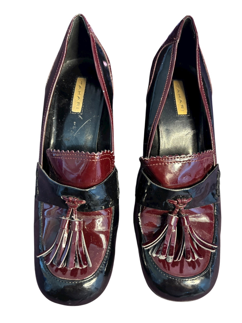 Tahari Women's Heeled Loafers Tassel Patent Leather Maroon Black 3" Heals Size 8