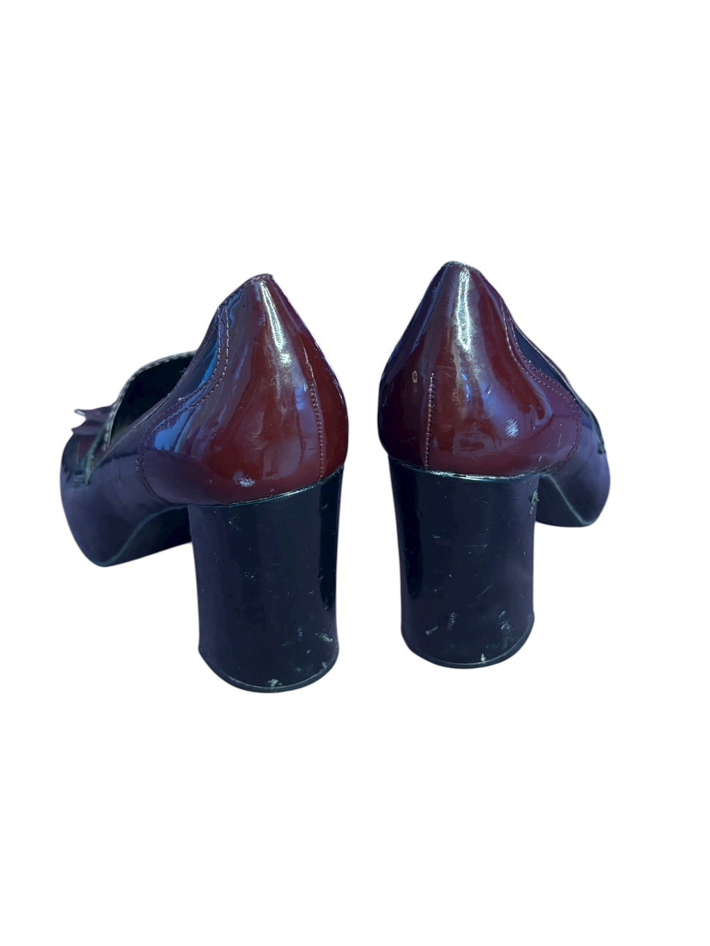 Tahari Women's Heeled Loafers Tassel Patent Leather Maroon Black 3" Heals Size 8