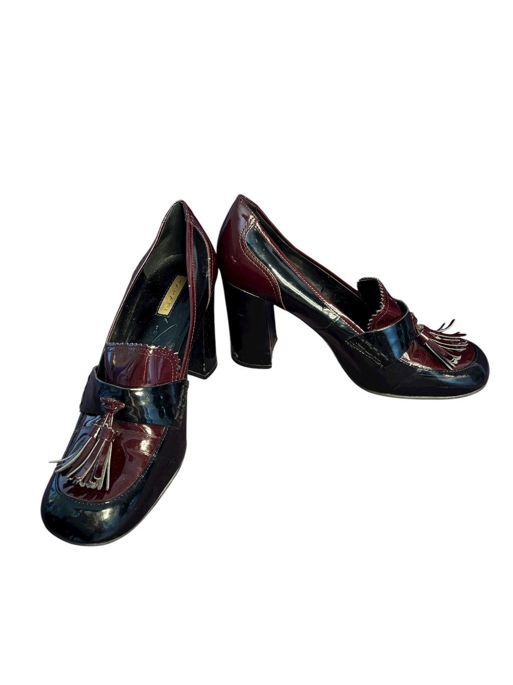 Tahari Women's Heeled Loafers Tassel Patent Leather Maroon Black 3" Heals Size 8