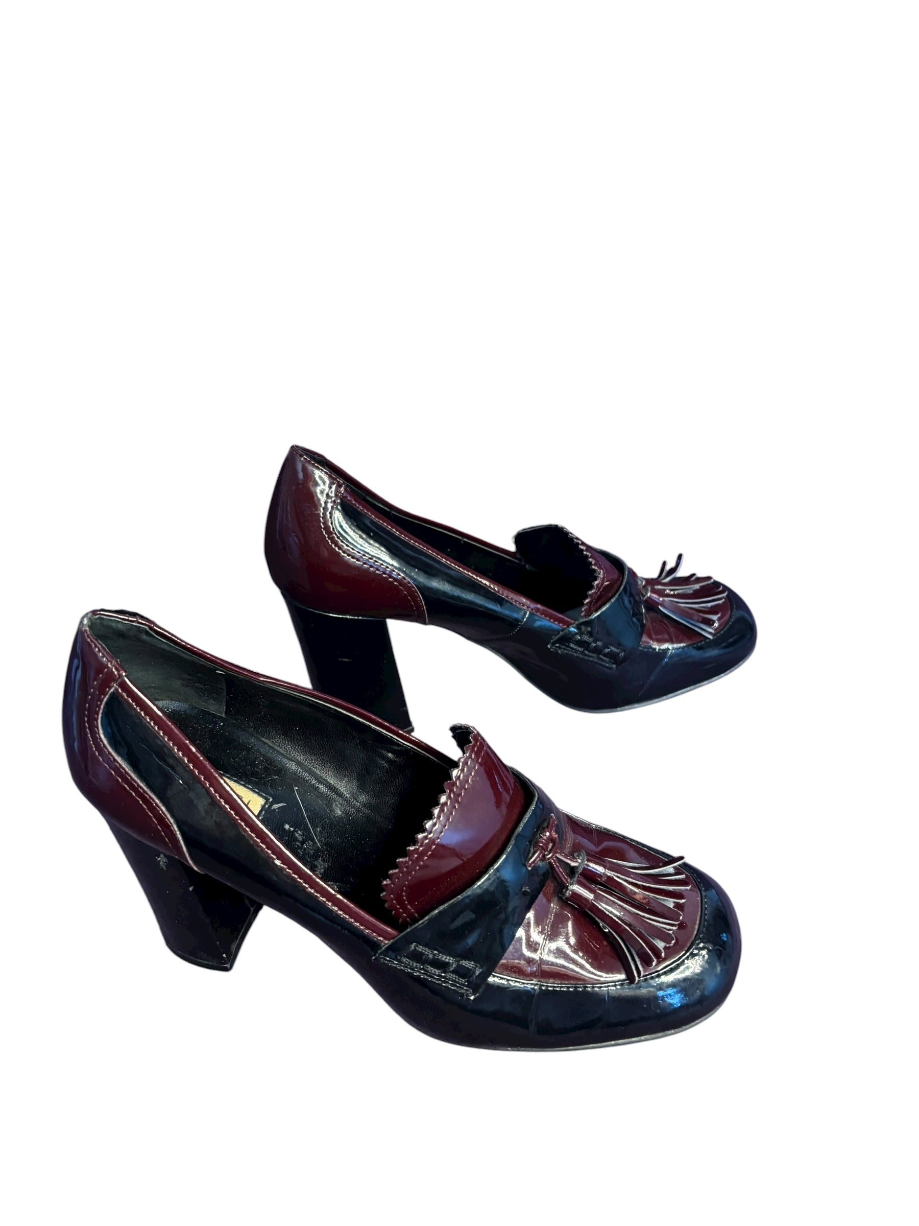 Tahari Women's Heeled Loafers Tassel Patent Leather Maroon Black 3" Heals Size 8