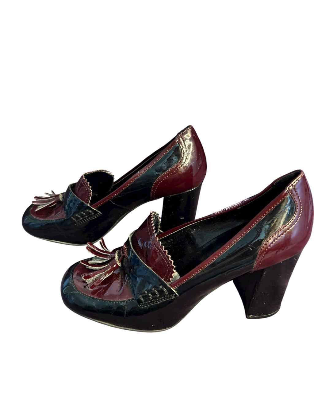 Tahari Women's Heeled Loafers Tassel Patent Leather Maroon Black 3" Heals Size 8