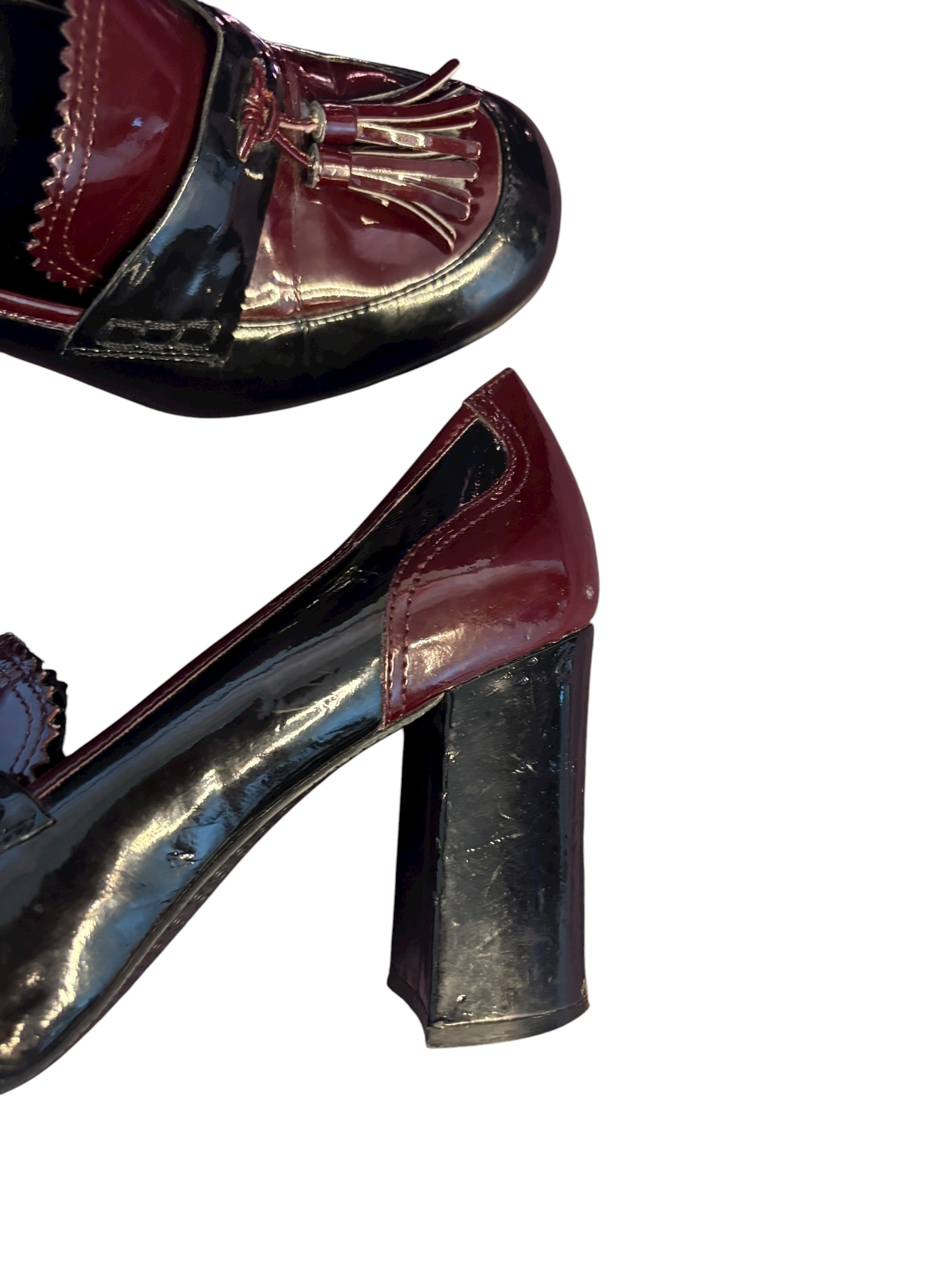 Tahari Women's Heeled Loafers Tassel Patent Leather Maroon Black 3" Heals Size 8