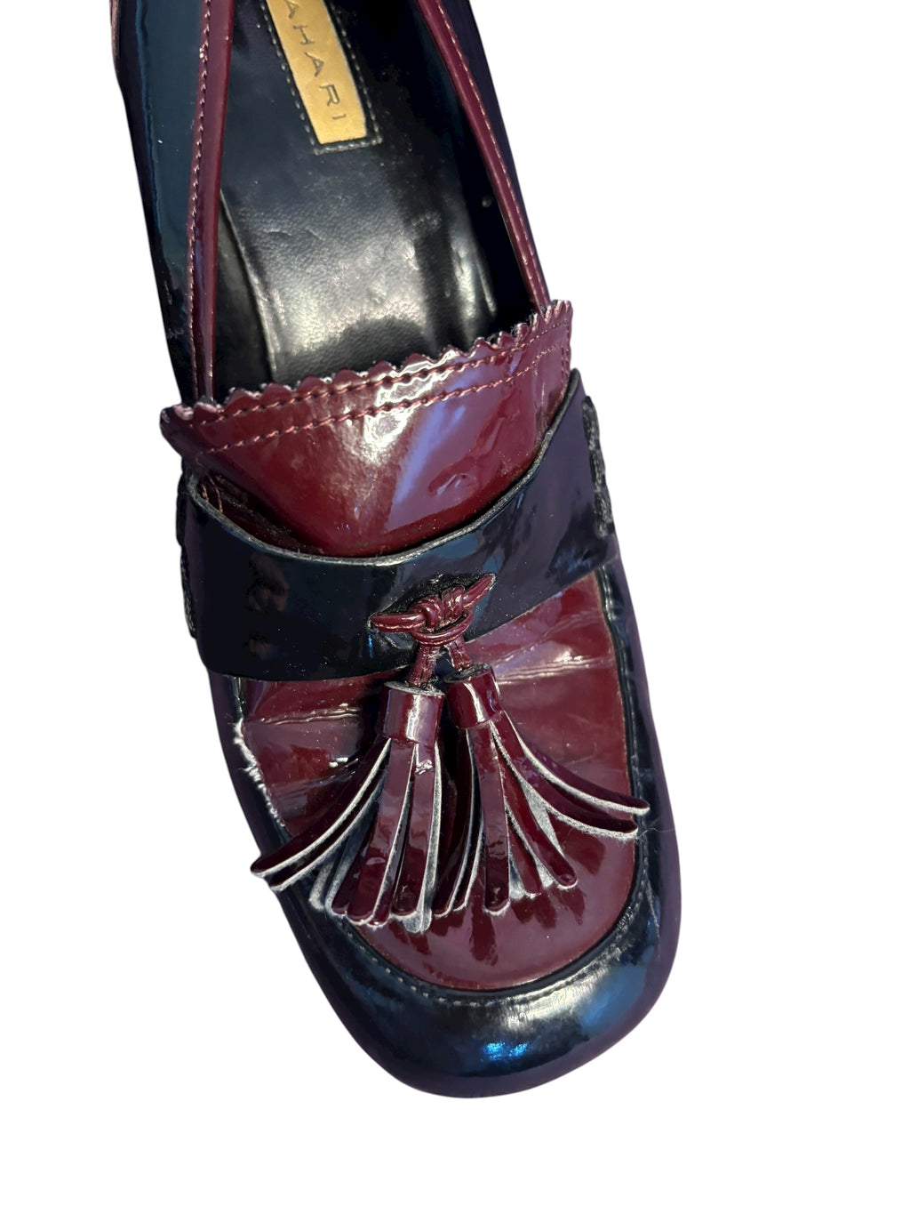 Tahari Women's Heeled Loafers Tassel Patent Leather Maroon Black 3" Heals Size 8