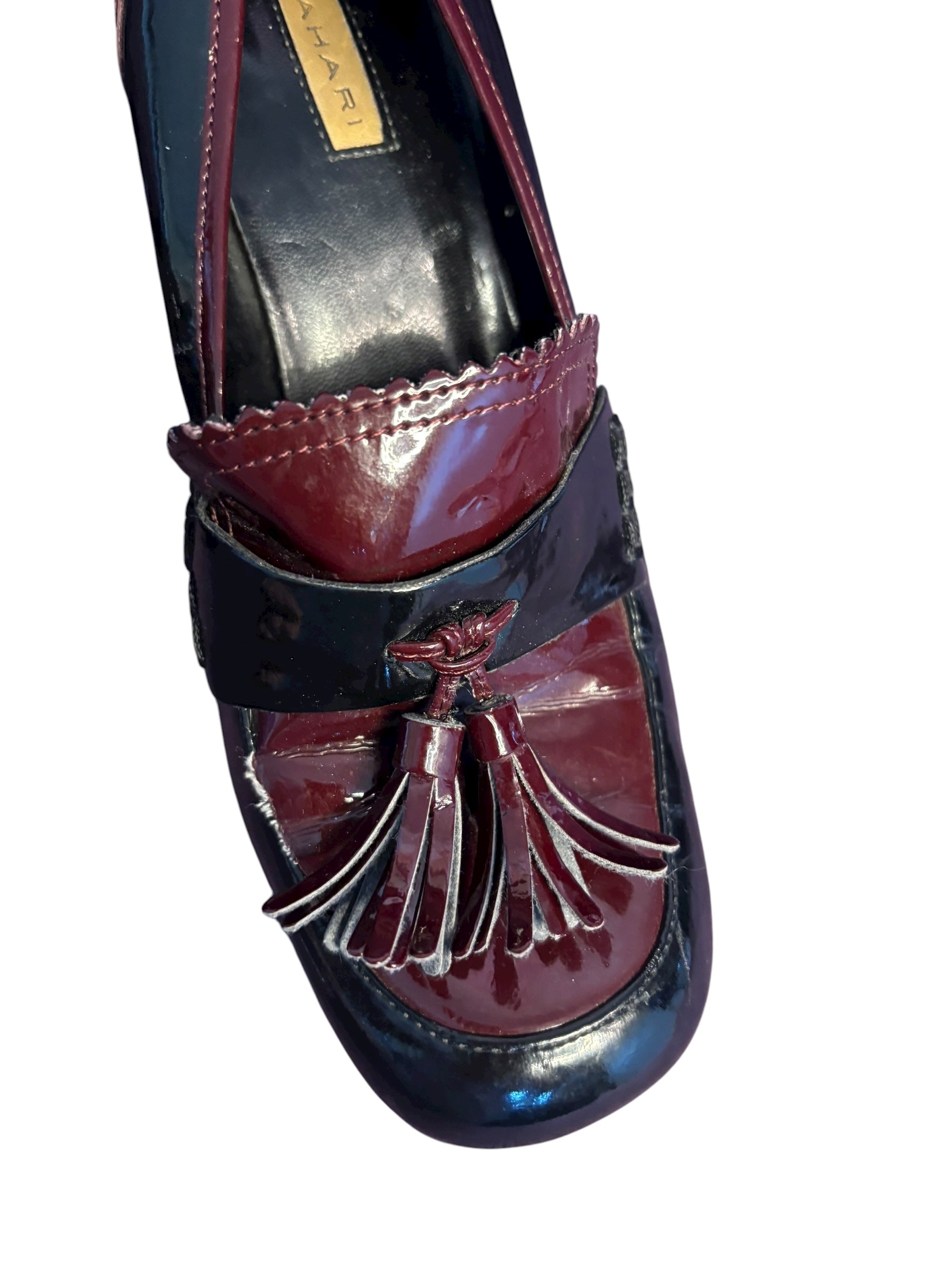 Tahari Women's Heeled Loafers Tassel Patent Leather Maroon Black 3" Heals Size 8