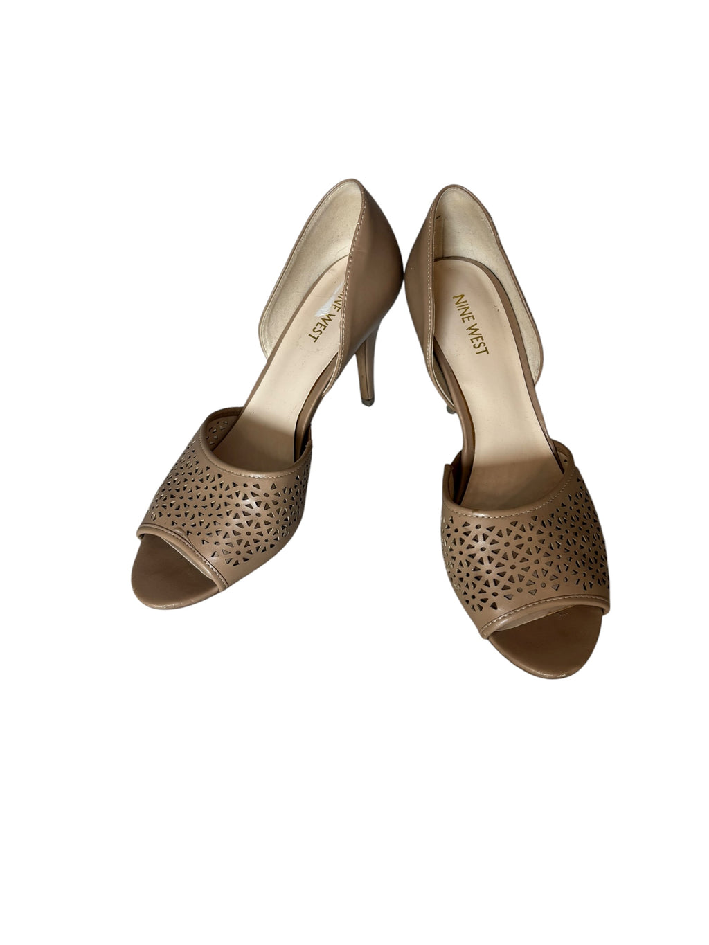 Nine West Peep Toe Heels Laser Cutout Detail 3.5" Heeled Sandals Beige Shoes  Size 8