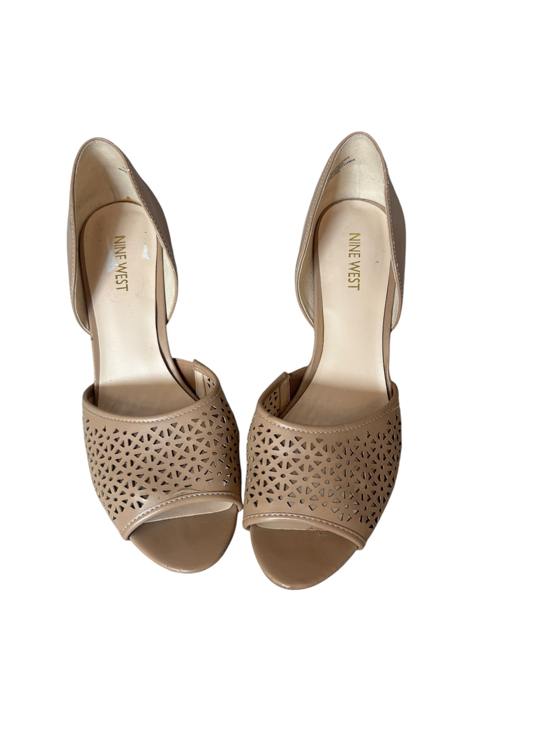 Nine West Peep Toe Heels Laser Cutout Detail 3.5" Heeled Sandals Beige Shoes  Size 8