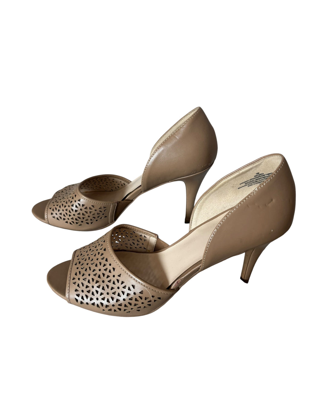 Nine West Peep Toe Heels Laser Cutout Detail 3.5" Heeled Sandals Beige Shoes  Size 8