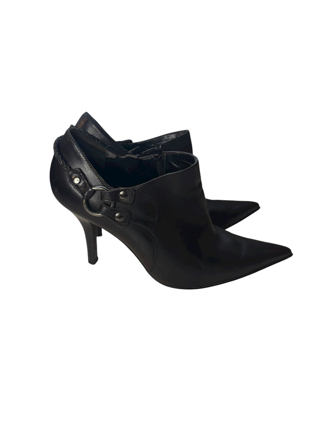 Nine West Black Leather Pointed Toe 4" Heeled Boots with Braided Detail Size 7.5