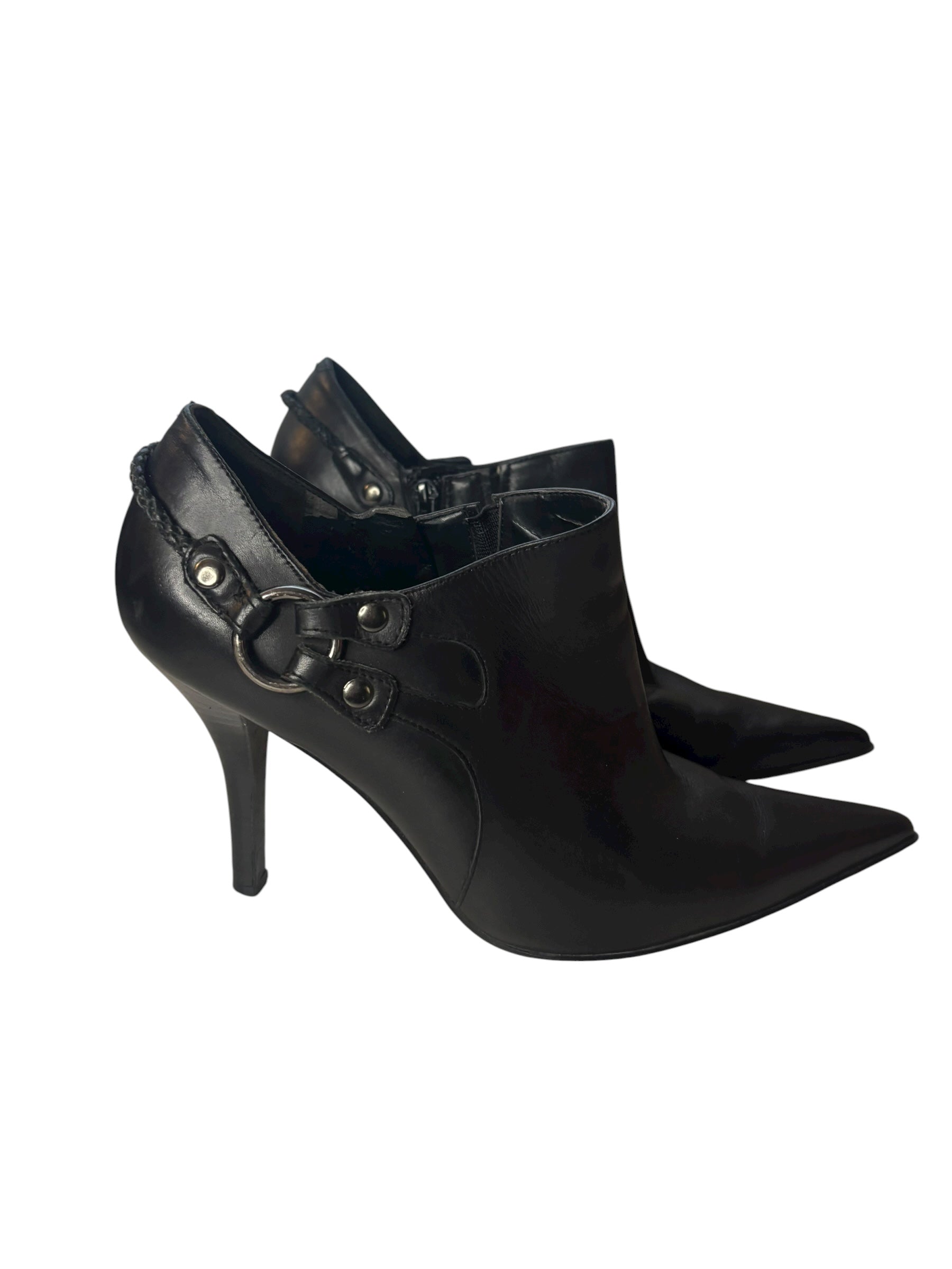 Nine West Black Leather Pointed Toe 4" Heeled Boots with Braided Detail Size 7.5