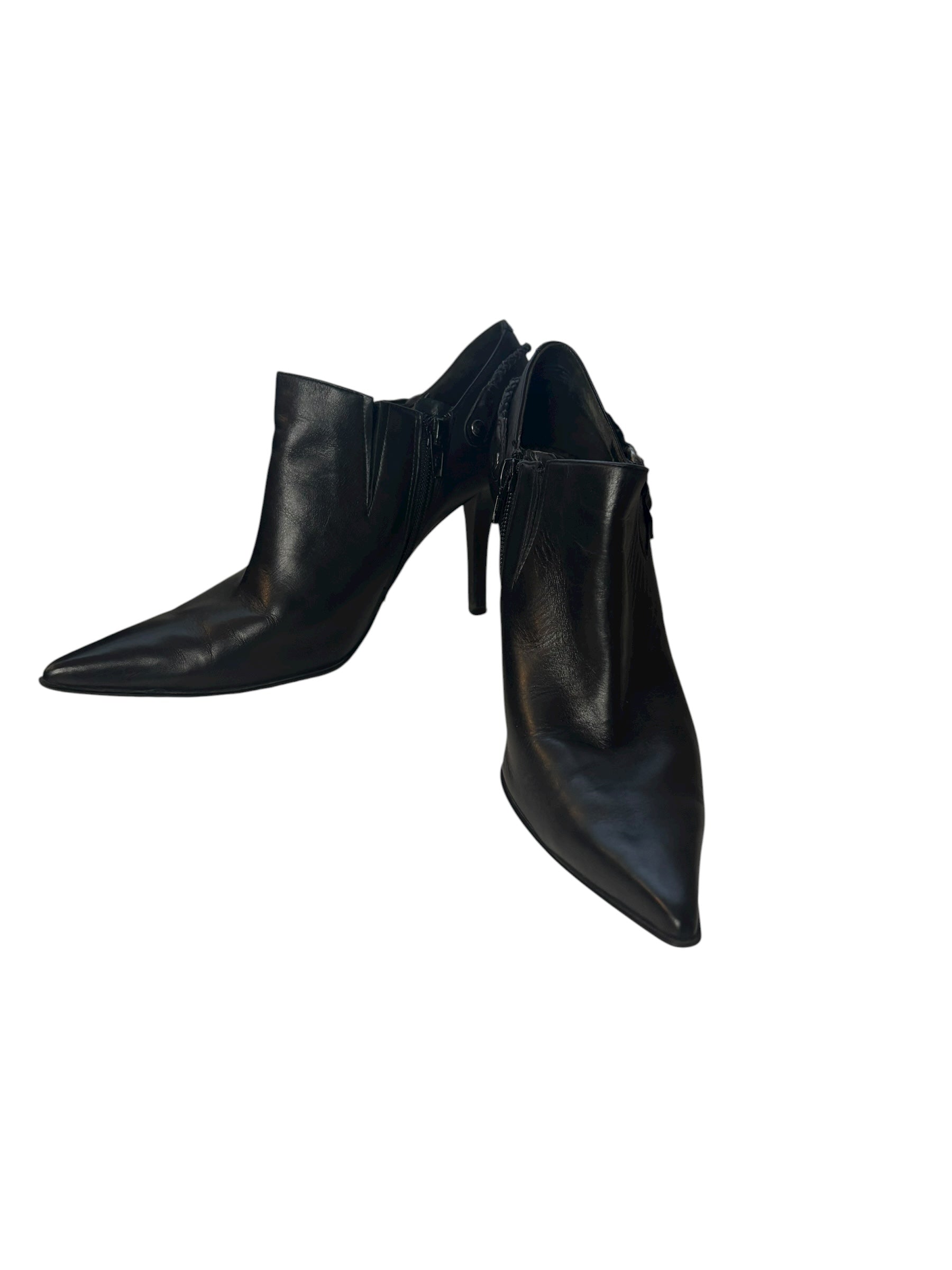 Nine West Black Leather Pointed Toe 4" Heeled Boots with Braided Detail Size 7.5