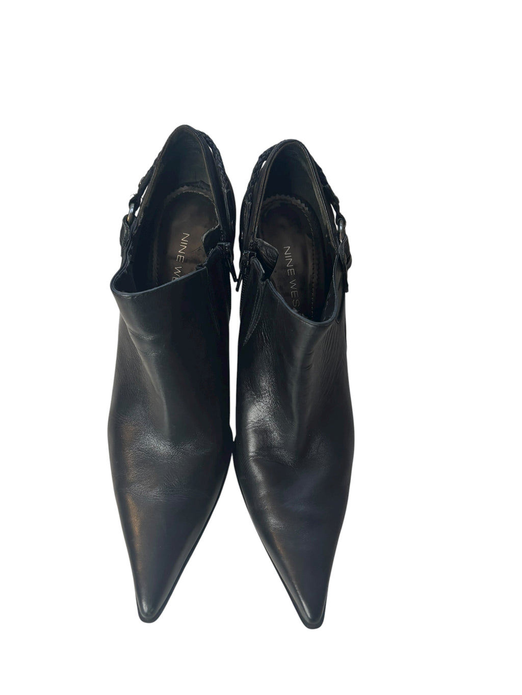 Nine West Black Leather Pointed Toe 4" Heeled Boots with Braided Detail Size 7.5