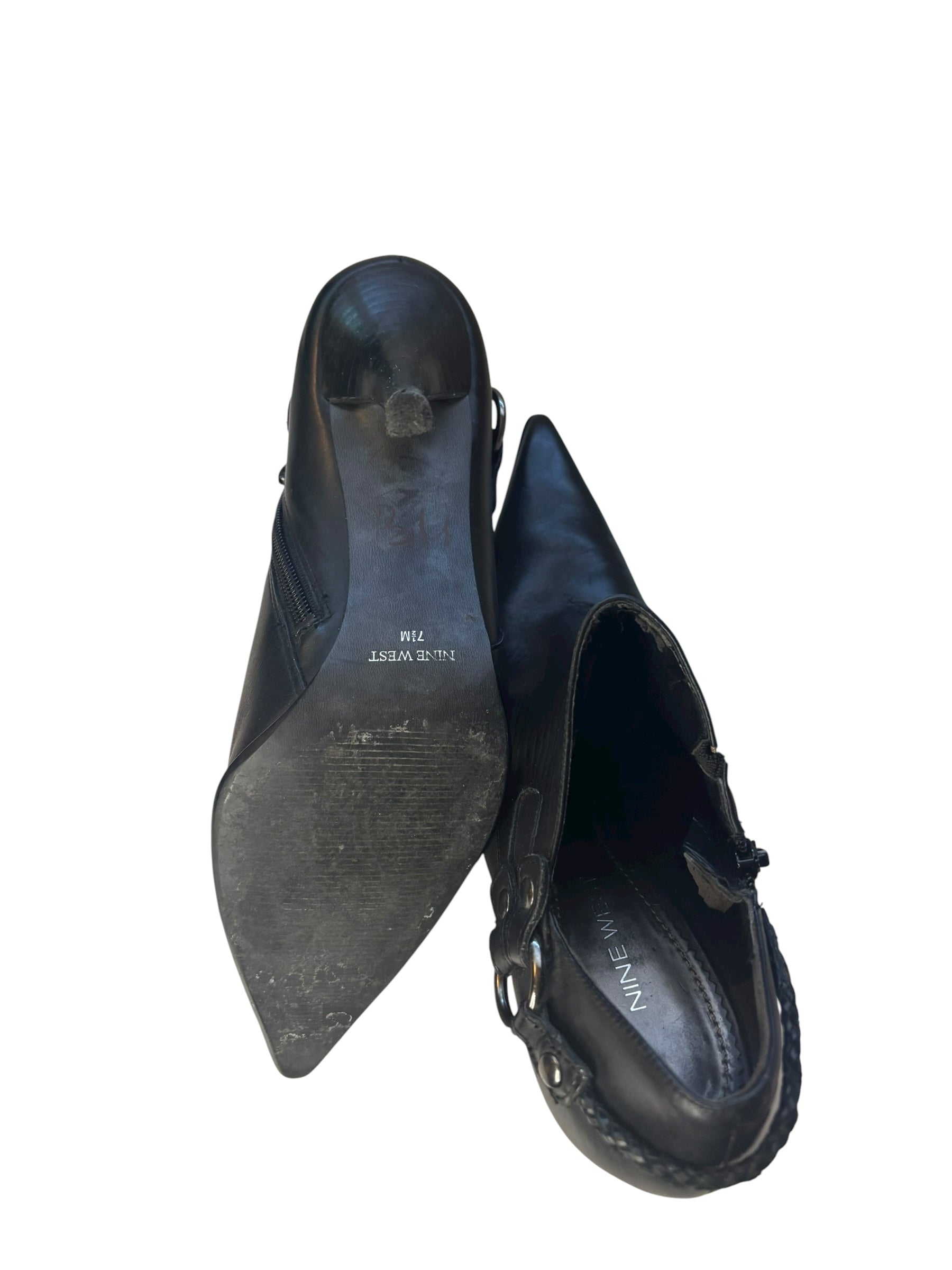 Nine West Black Leather Pointed Toe 4" Heeled Boots with Braided Detail Size 7.5