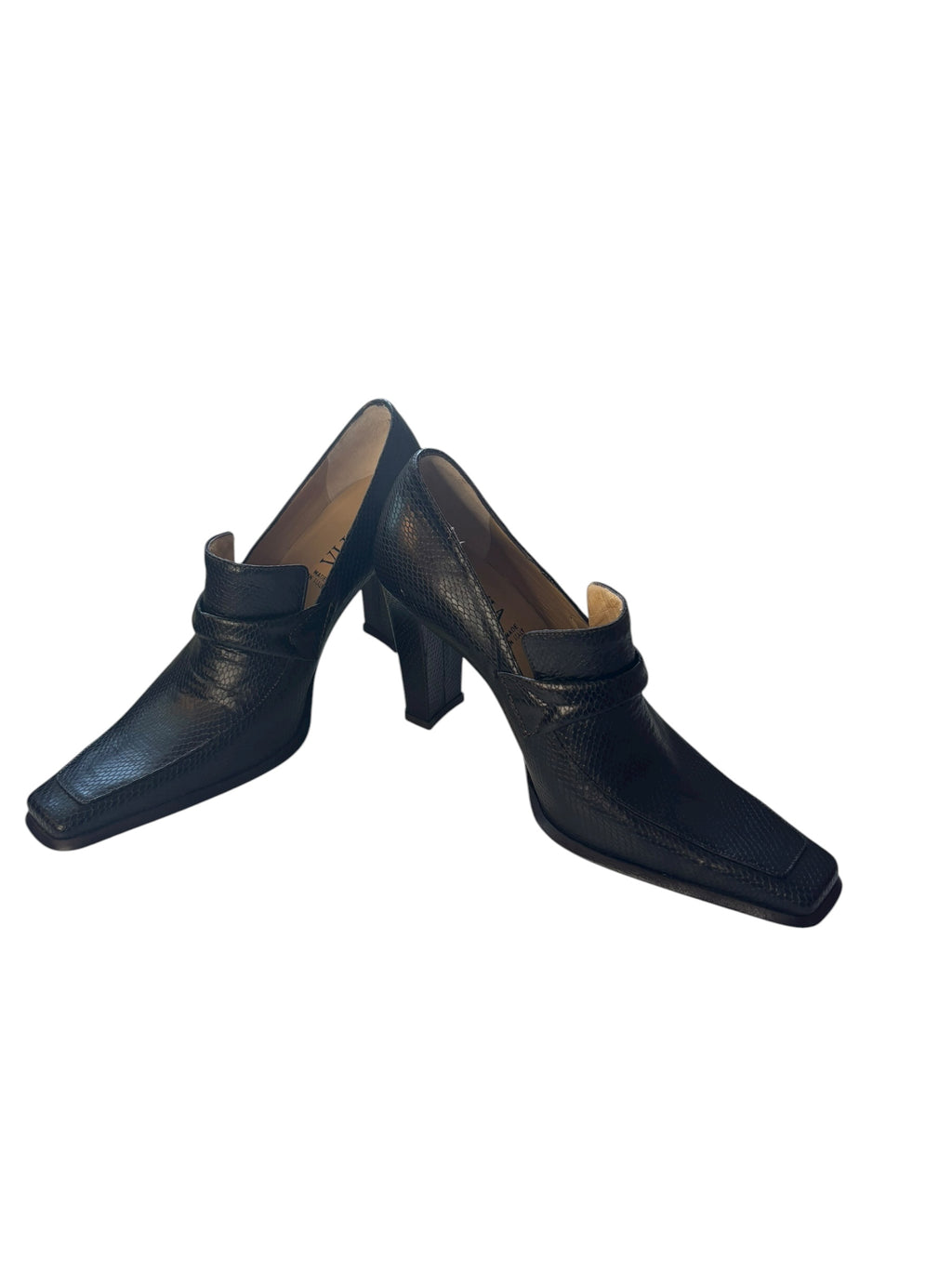 Sofia 3.5" Heeled Loafers Square Toe Leather Pumps Black Made in Italy Size 36