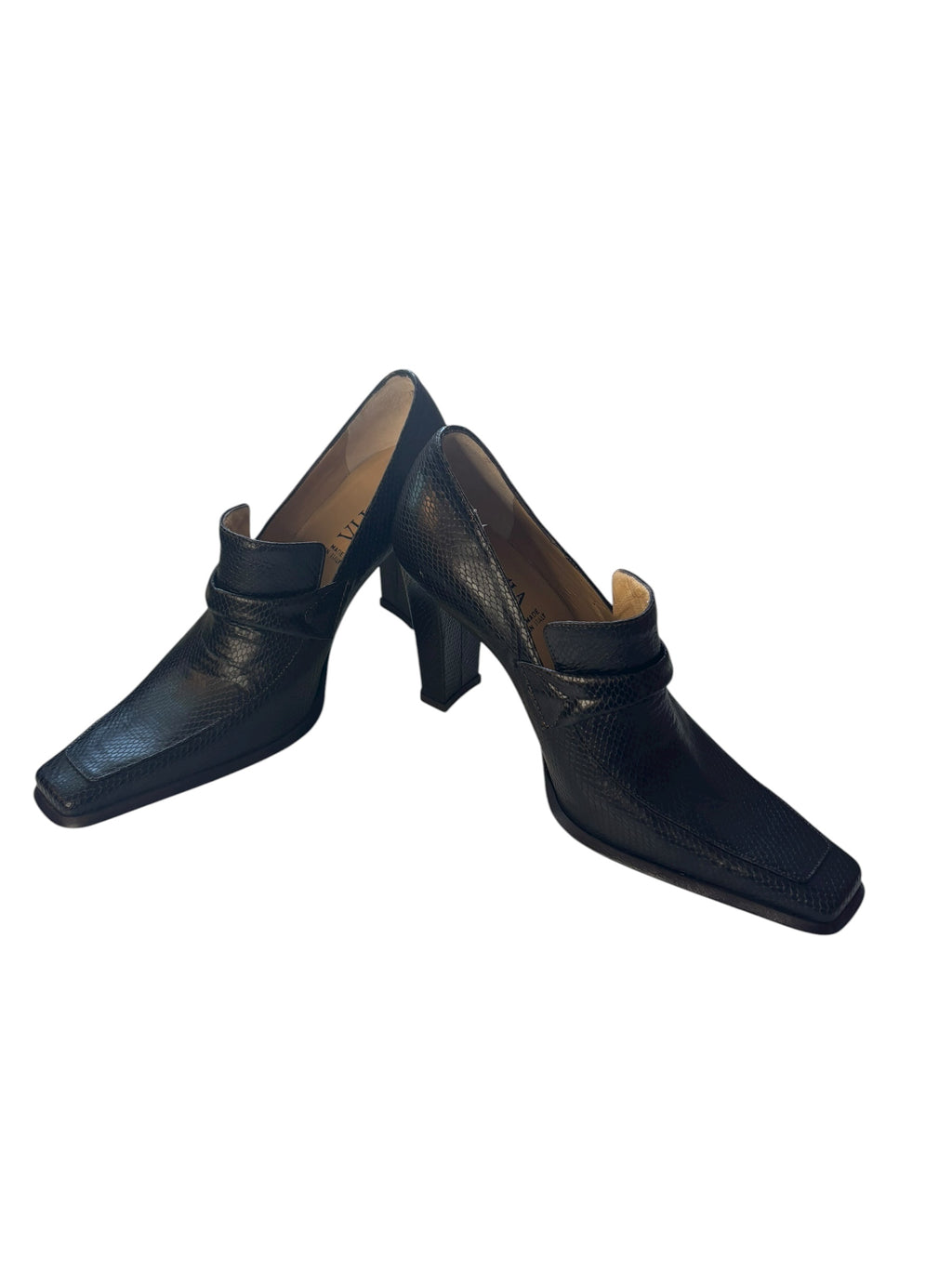 Sofia 3.5" Heeled Loafers Square Toe Leather Pumps Black Made in Italy Size 36