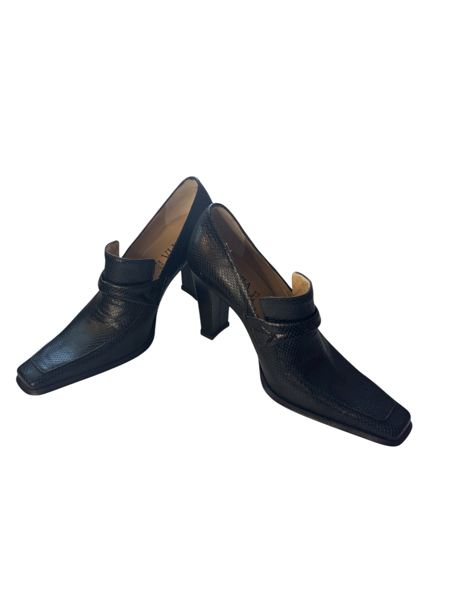 Sofia 3.5" Heeled Loafers Square Toe Leather Pumps Black Made in Italy Size 36