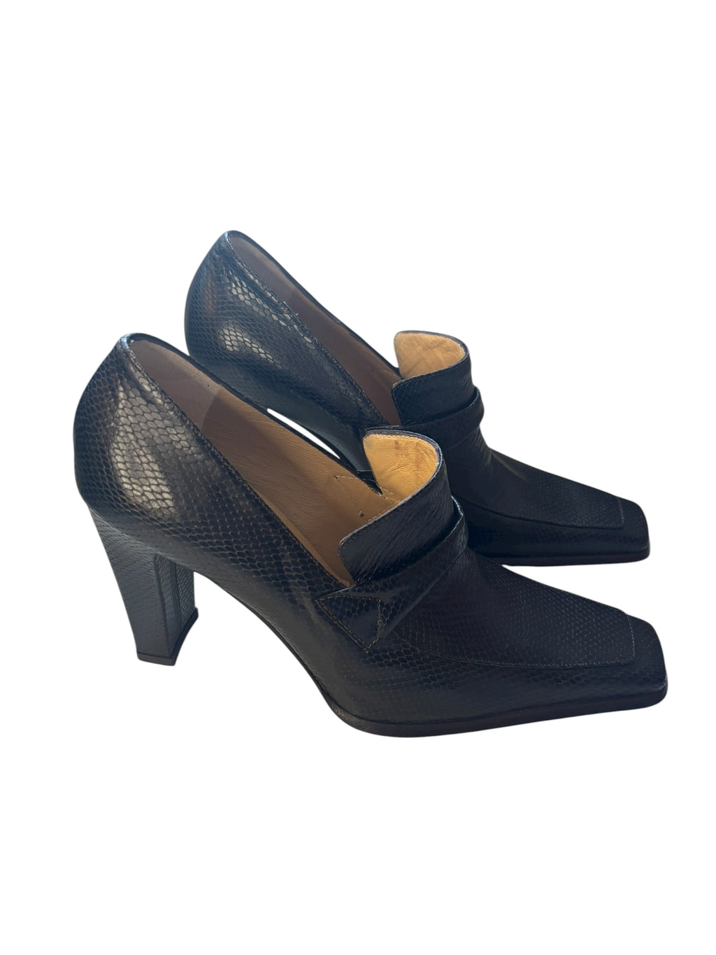 Sofia 3.5" Heeled Loafers Square Toe Leather Pumps Black Made in Italy Size 36