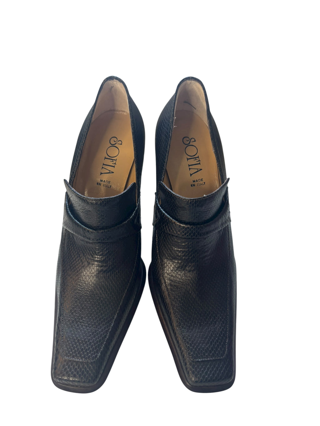 Sofia 3.5" Heeled Loafers Square Toe Leather Pumps Black Made in Italy Size 36