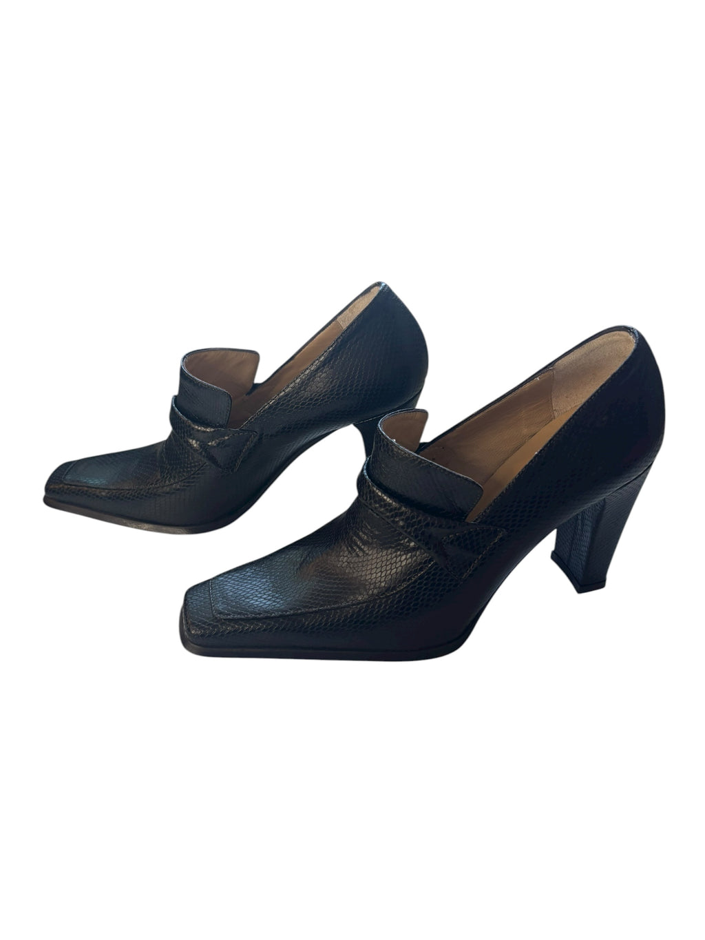 Sofia 3.5" Heeled Loafers Square Toe Leather Pumps Black Made in Italy Size 36