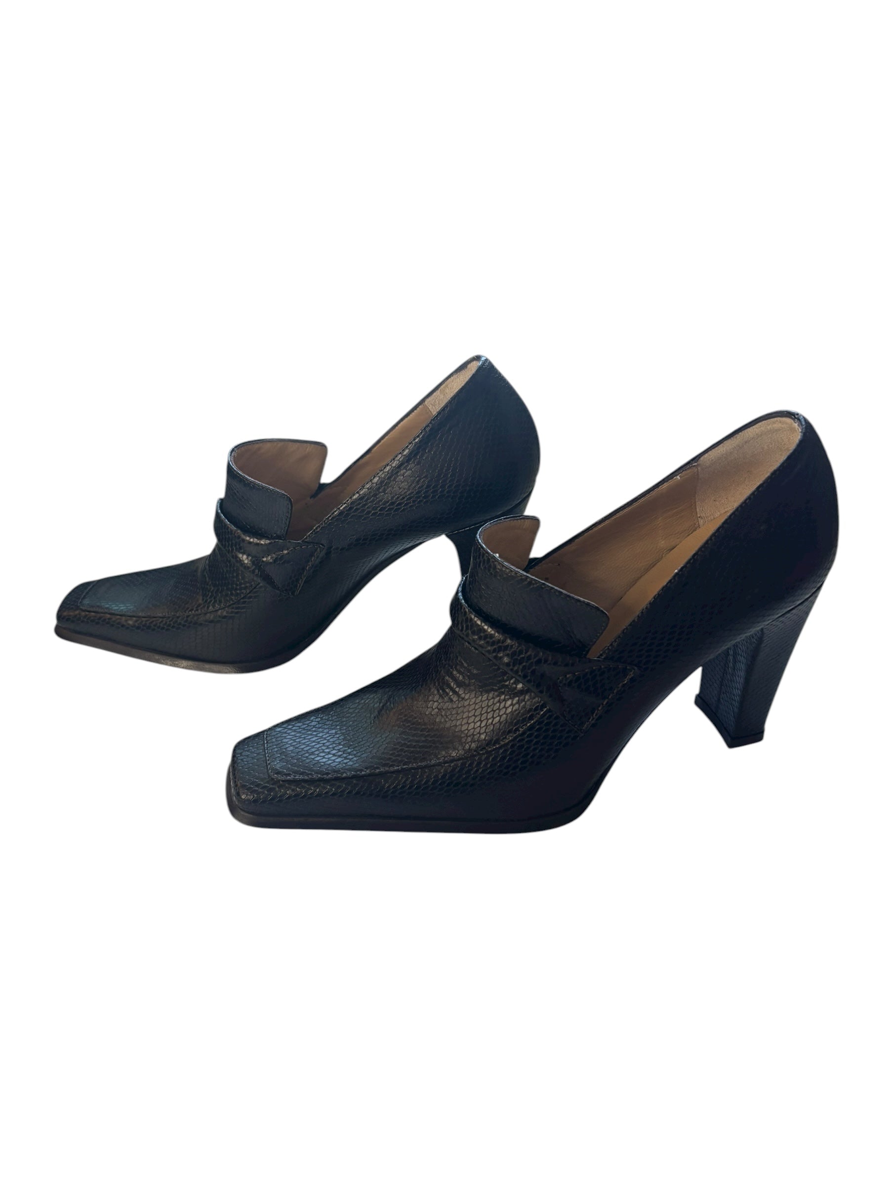 Sofia 3.5" Heeled Loafers Square Toe Leather Pumps Black Made in Italy Size 36