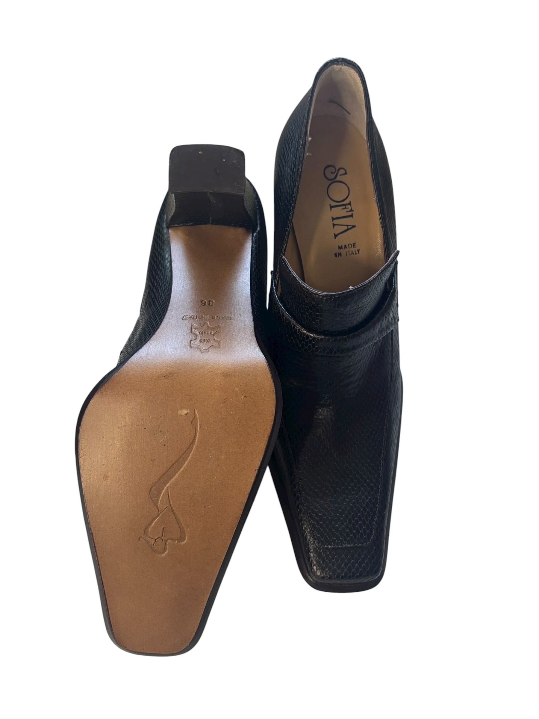 Sofia 3.5" Heeled Loafers Square Toe Leather Pumps Black Made in Italy Size 36