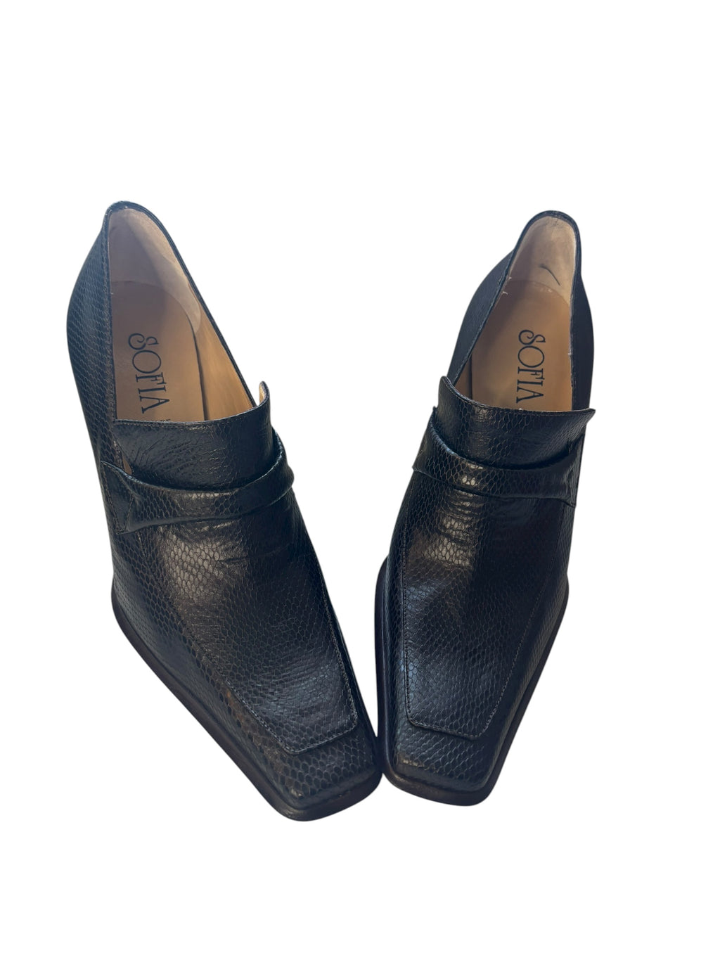 Sofia 3.5" Heeled Loafers Square Toe Leather Pumps Black Made in Italy Size 36