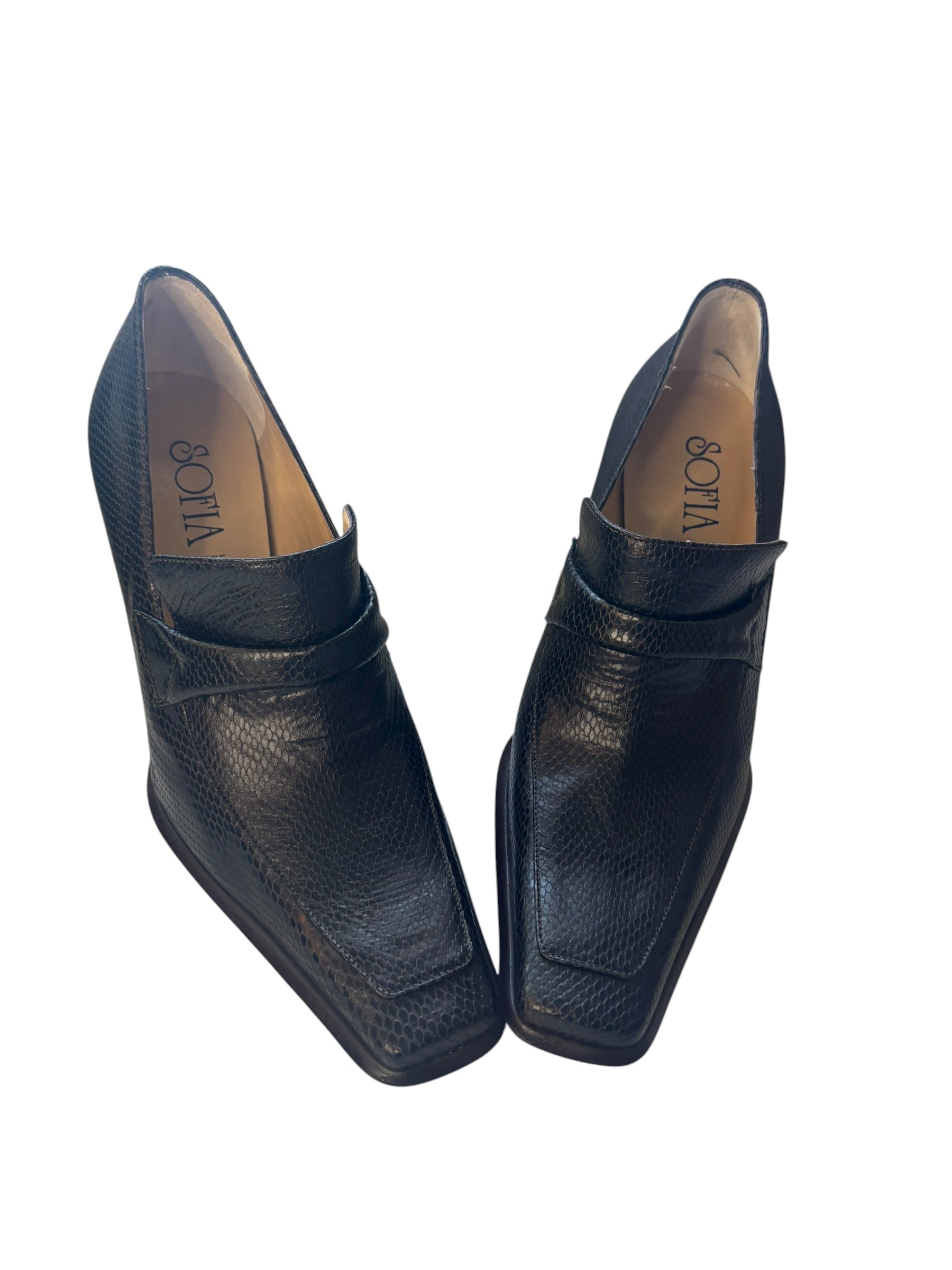 Sofia 3.5" Heeled Loafers Square Toe Leather Pumps Black Made in Italy Size 36