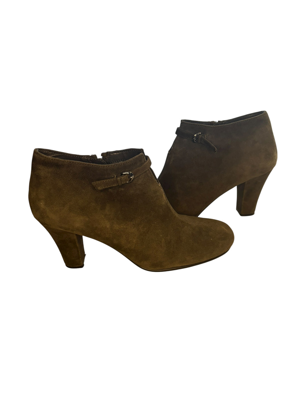 Suede Ankle Boots Forest Green Buckle Accent 3" Heel Zip Side Size 8.5