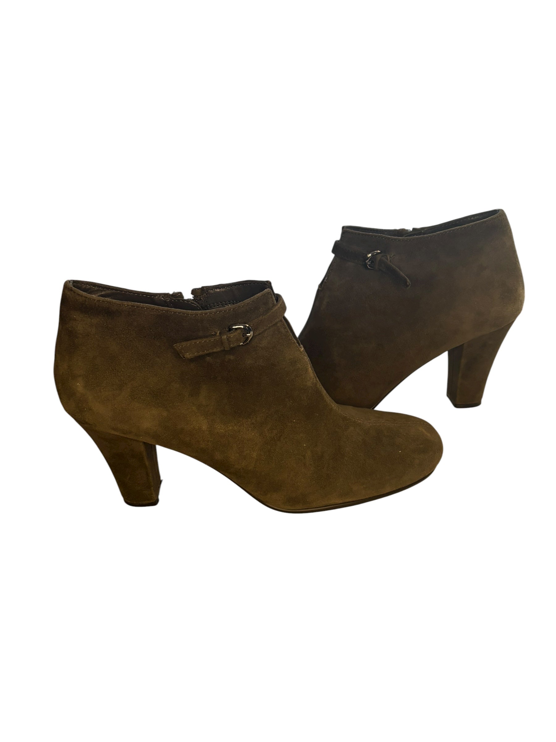 Suede Ankle Boots Forest Green Buckle Accent 3" Heel Zip Side Size 8.5