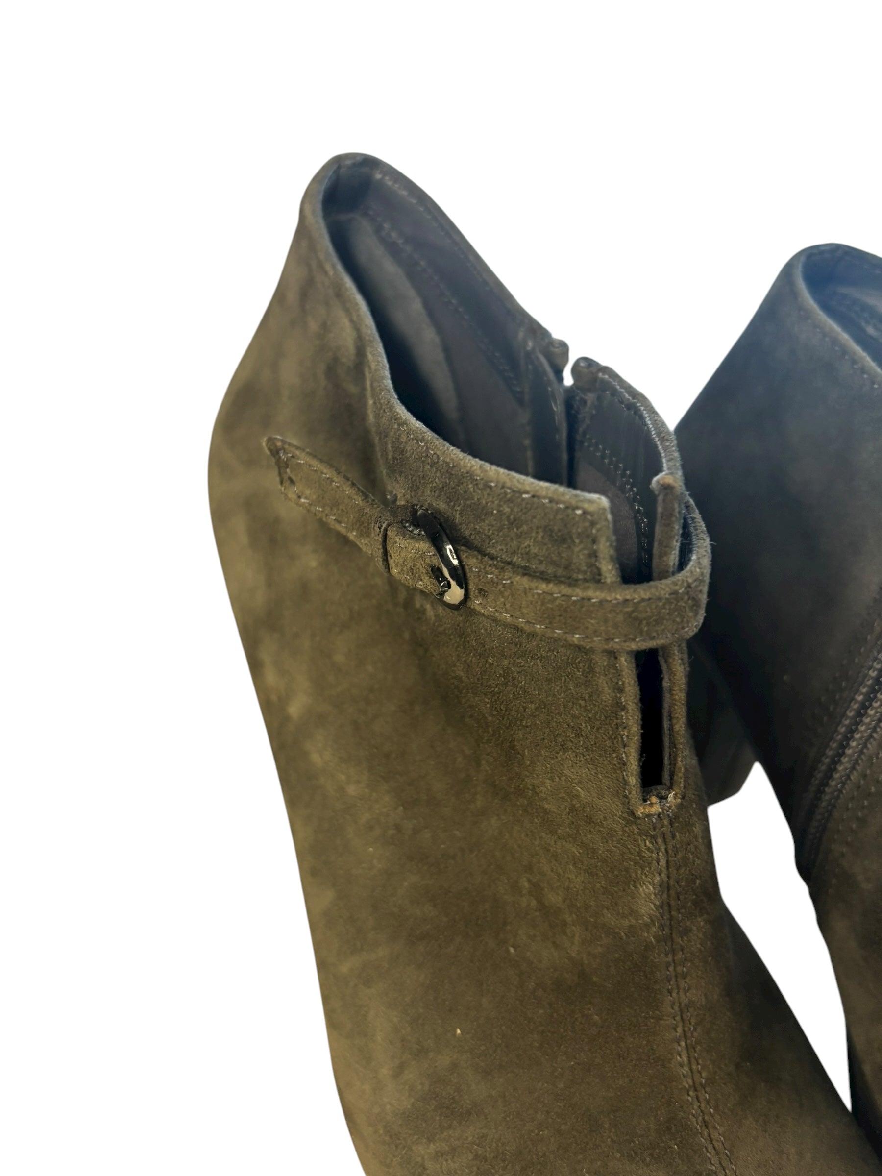 Suede Ankle Boots Forest Green Buckle Accent 3" Heel Zip Side Size 8.5