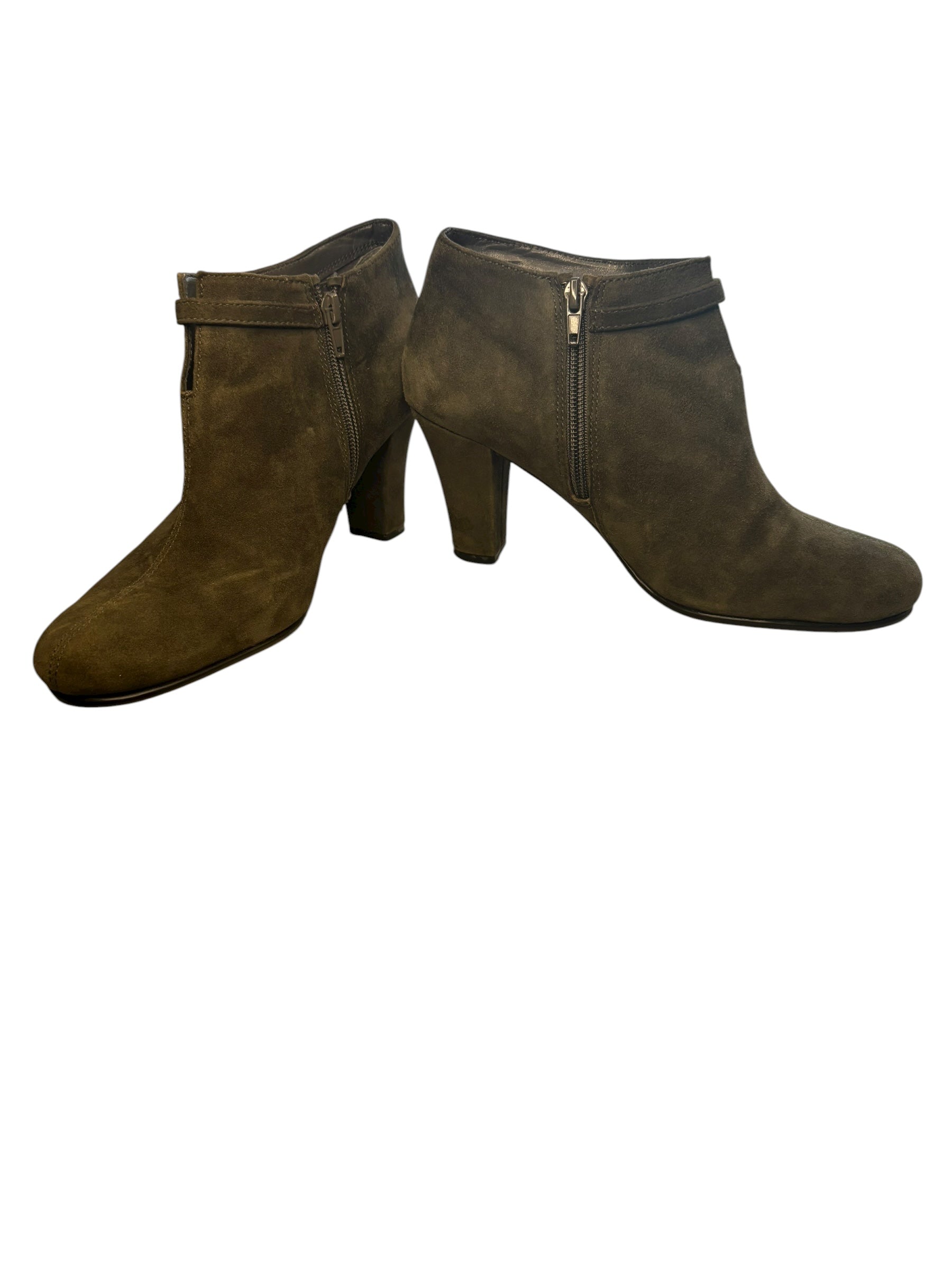 Suede Ankle Boots Forest Green Buckle Accent 3" Heel Zip Side Size 8.5