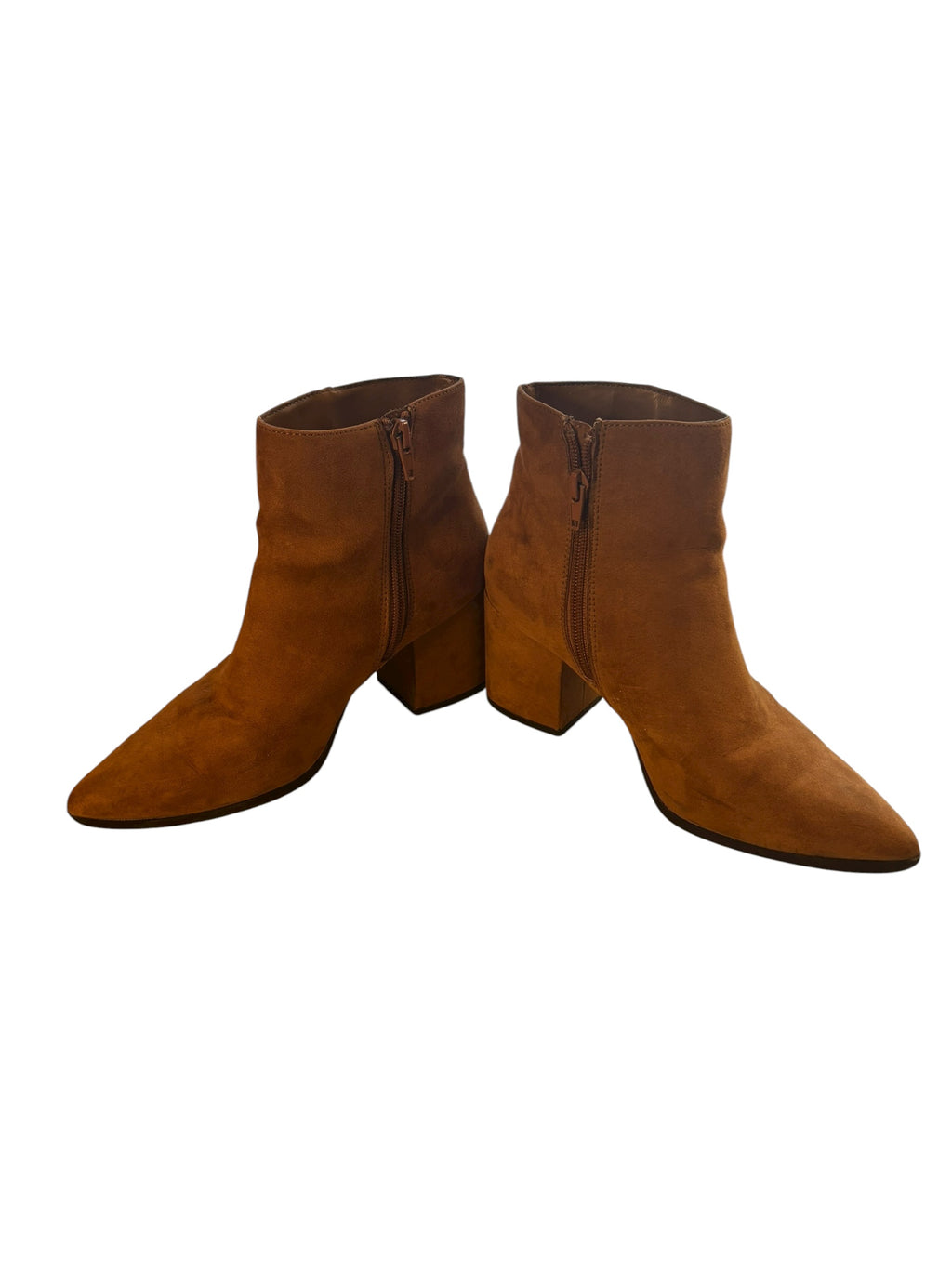 CORE Ankle Boots Size 7 Pointed Toe Block 3" Heel Cognac Brown Faux Suede