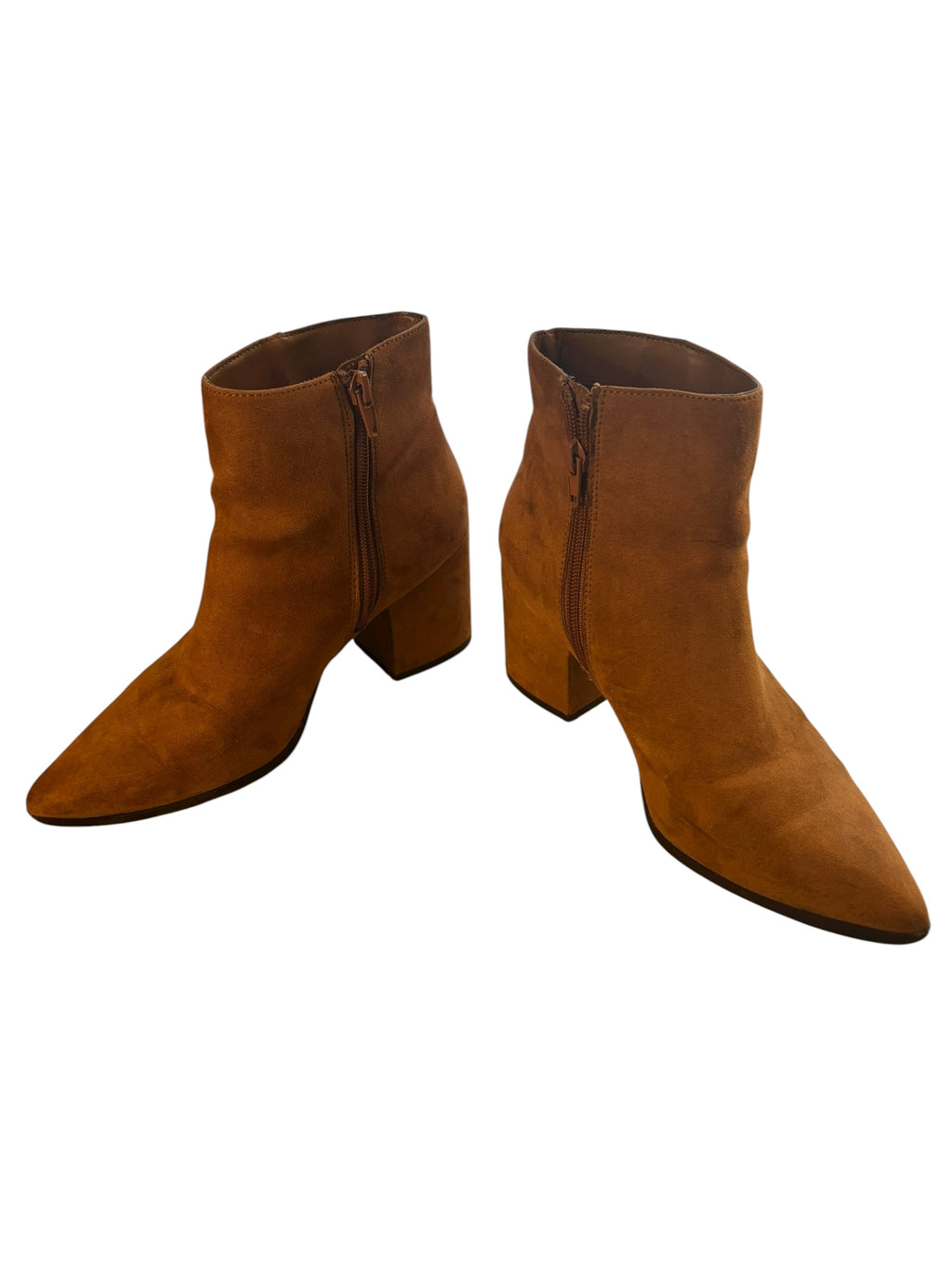 CORE Ankle Boots Size 7 Pointed Toe Block 3" Heel Cognac Brown Faux Suede