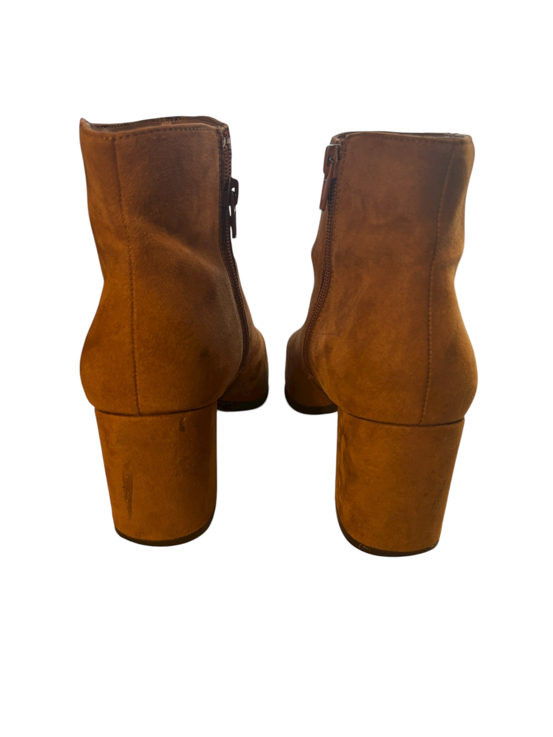 CORE Ankle Boots Size 7 Pointed Toe Block 3" Heel Cognac Brown Faux Suede