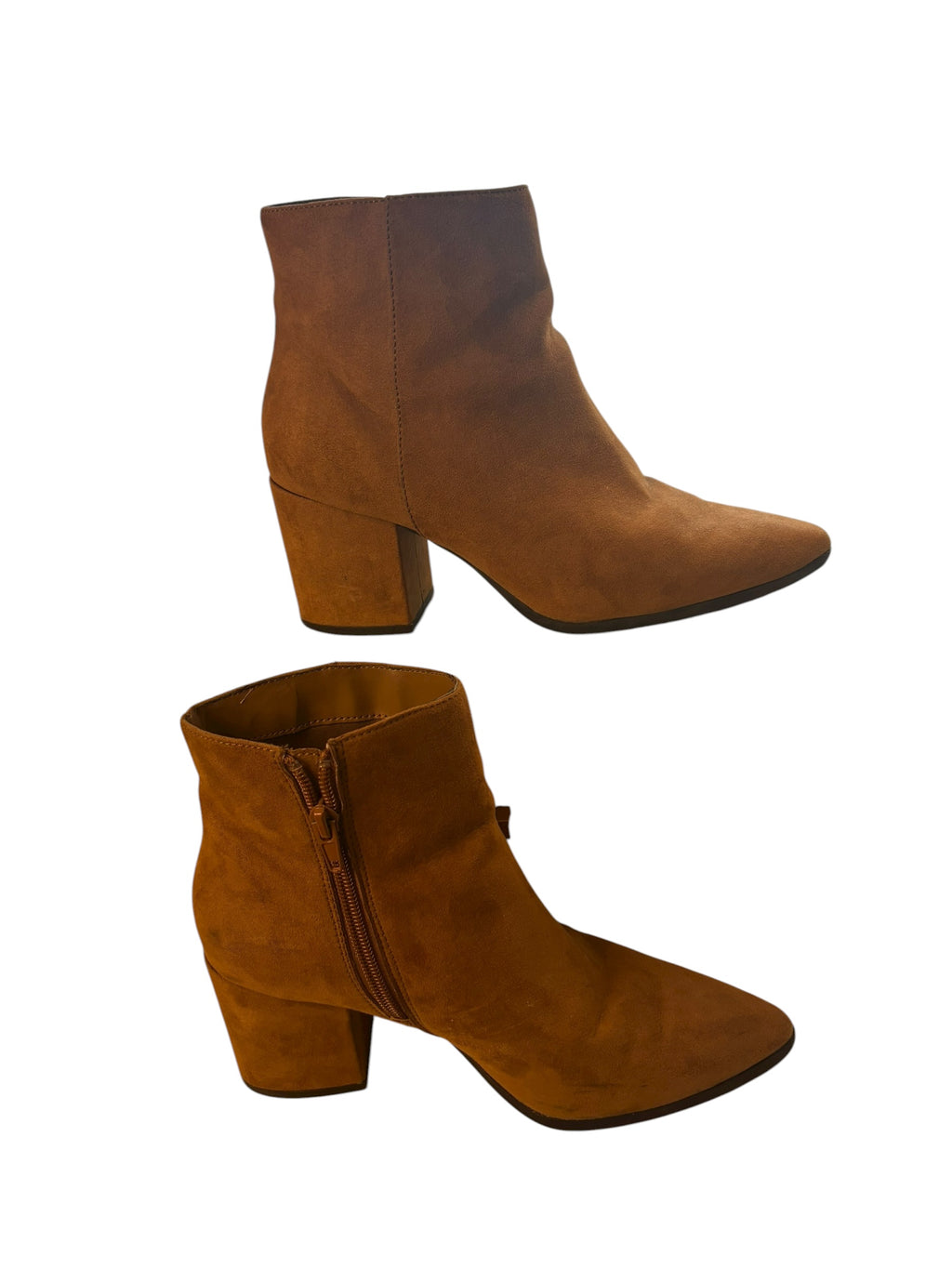 CORE Ankle Boots Size 7 Pointed Toe Block 3" Heel Cognac Brown Faux Suede