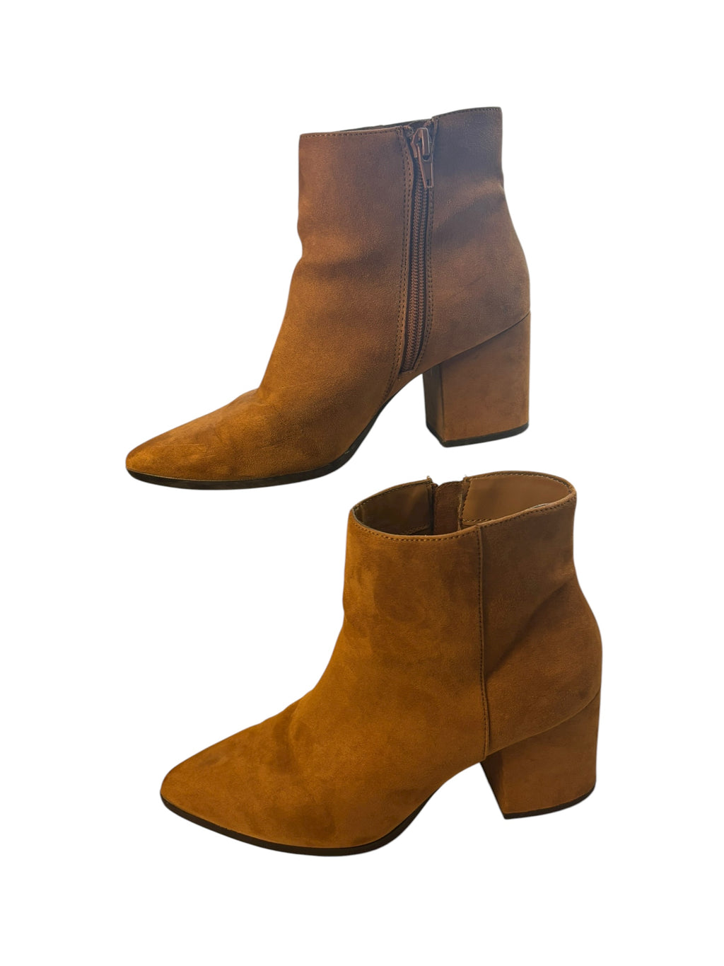 CORE Ankle Boots Size 7 Pointed Toe Block 3" Heel Cognac Brown Faux Suede