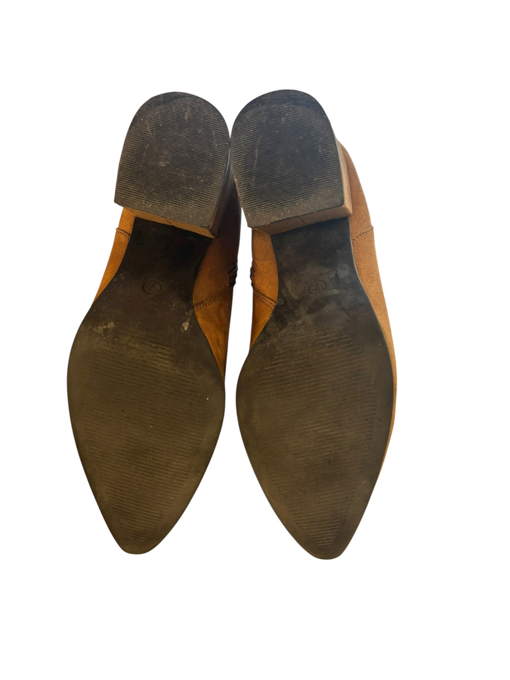 CORE Ankle Boots Size 7 Pointed Toe Block 3" Heel Cognac Brown Faux Suede