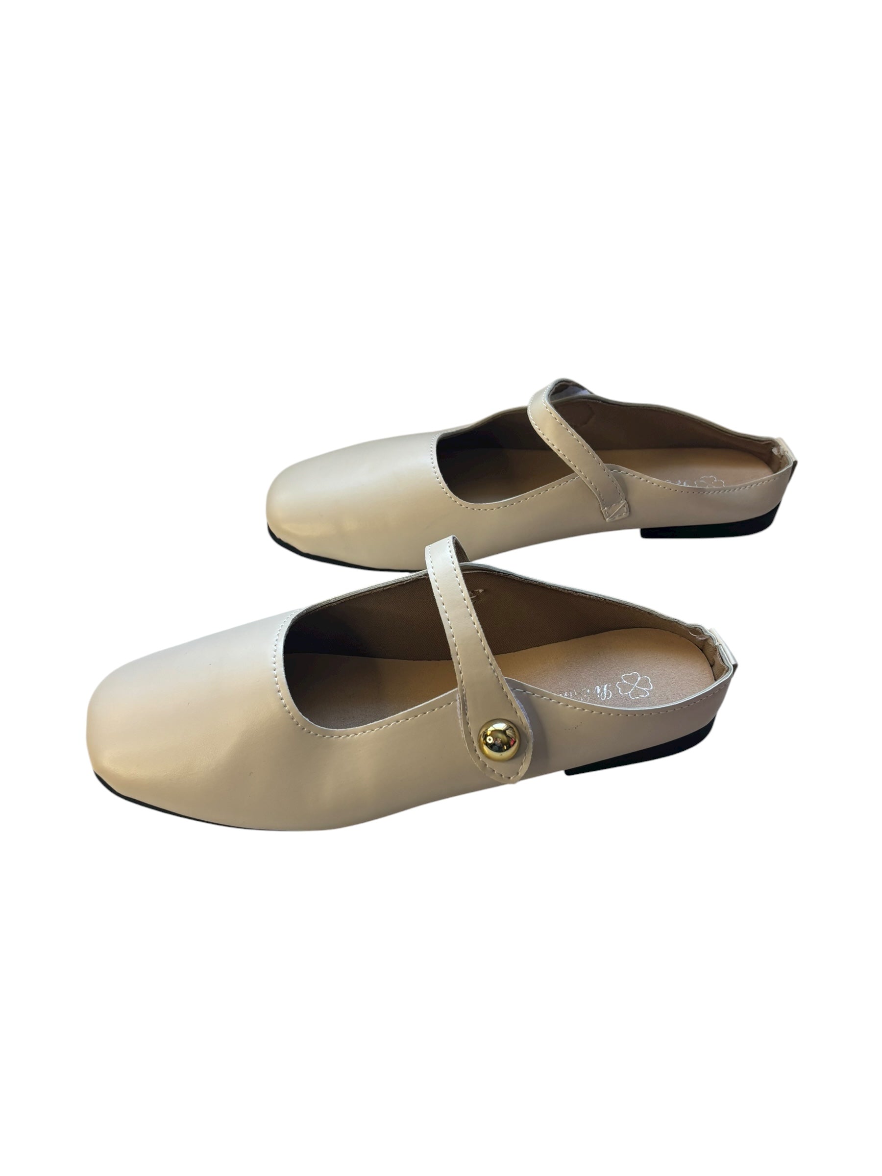 Mary Jane Flats Adjustable Strap Open Back Mules Beige Square Toe Size 8.5
