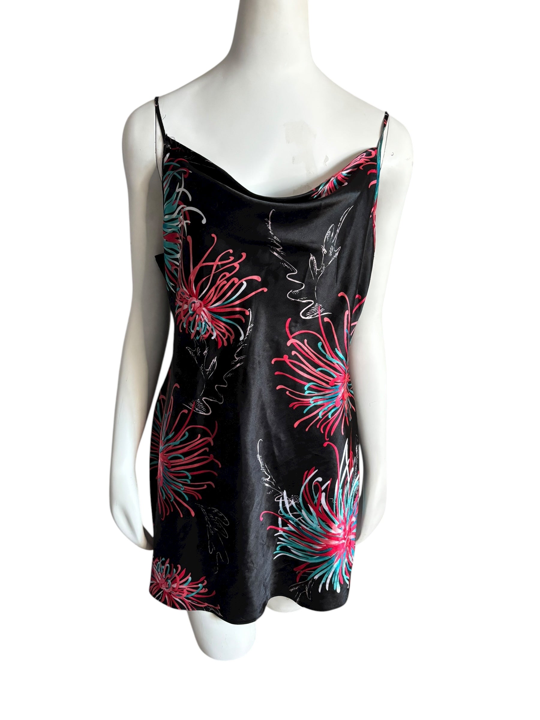 Black Floral Print Satin Robe Kimono & Cami Slip Dress Set Size S/M