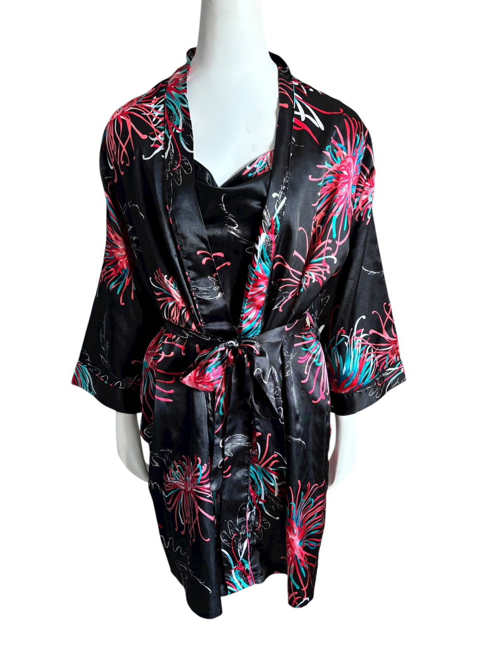Black Floral Print Satin Robe Kimono & Cami Slip Dress Set Size S/M